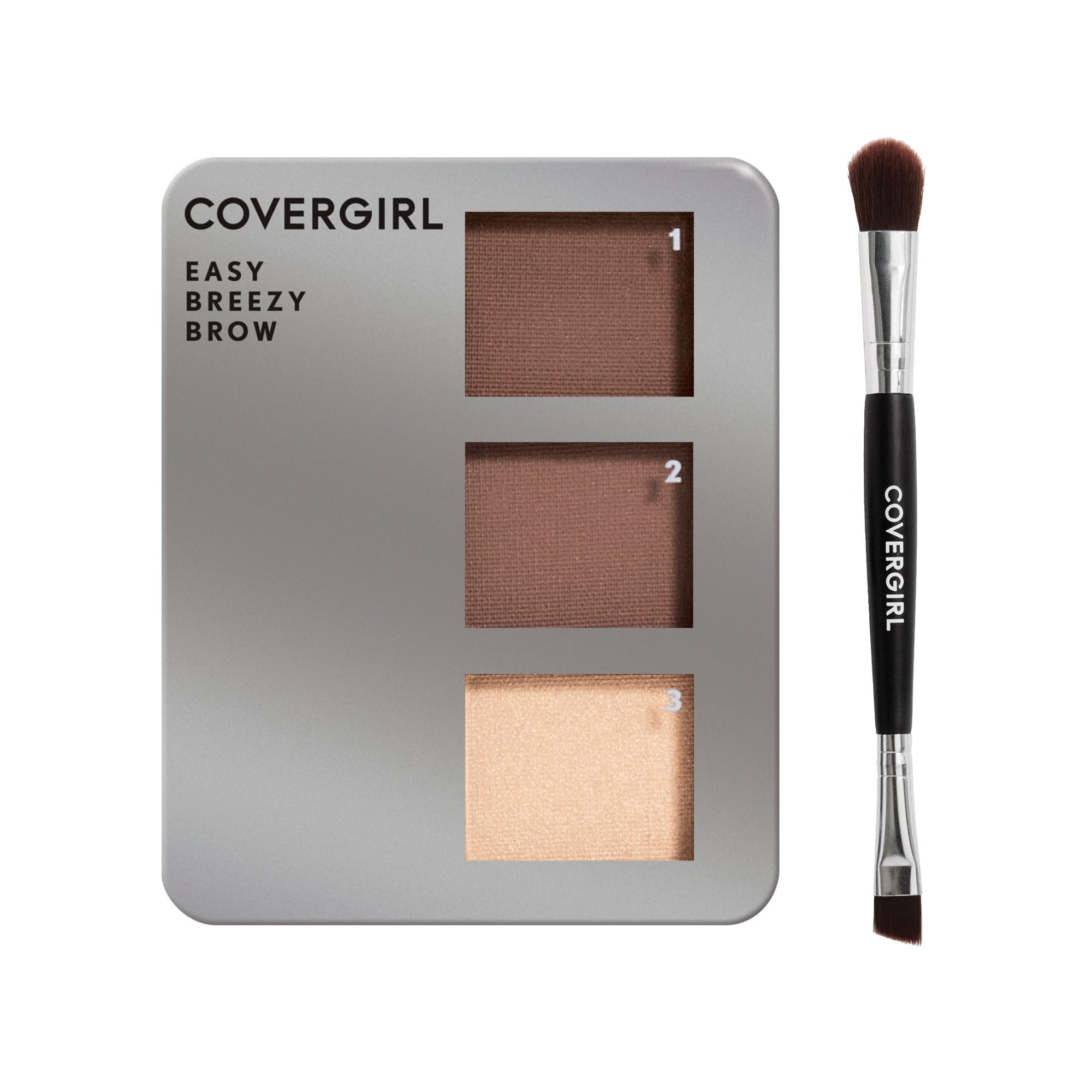 Covergirl - Easy Breezy Brow Powder Kit, Three Shades Brow Definer, Professional Double-Ended Angled Brush, Effortless, 100% Cru