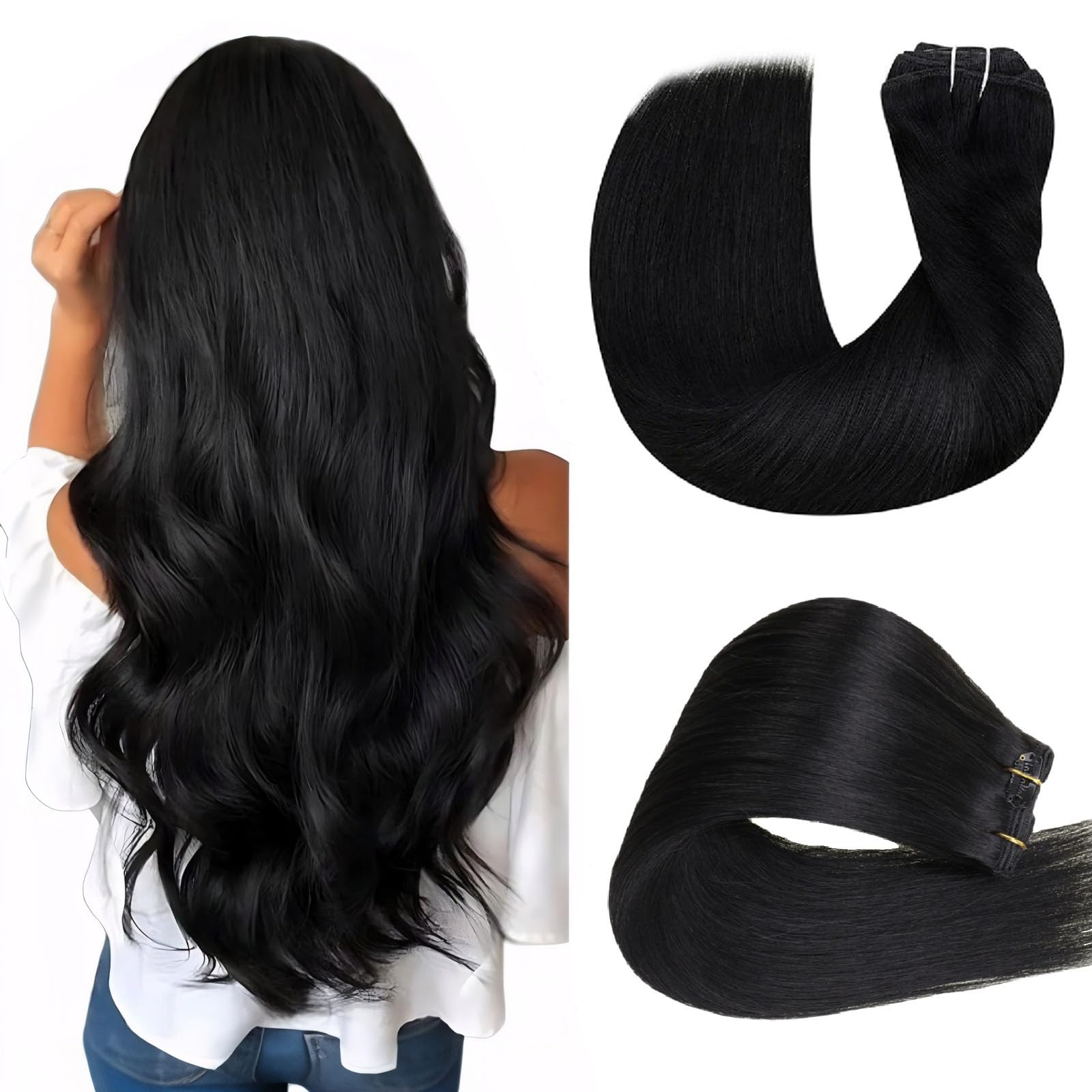 Hetto Black Clip in Hair Extensions Real Human Hair Jet Black Clip in Hair Extensions For Women 22 Inch Clip in Hair Extensions 