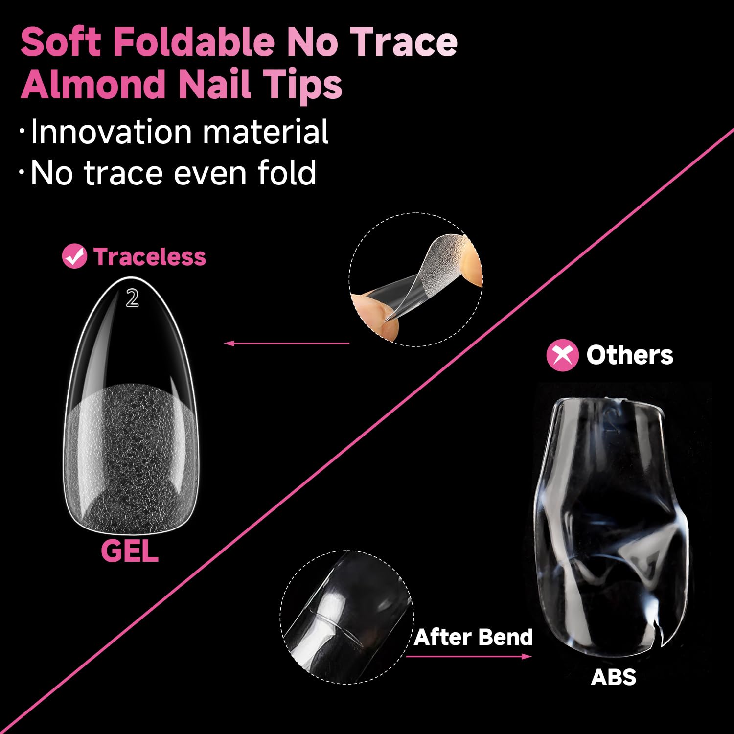 Una Gella 504Pcs Pointed Almond Nail Tips, Pre-Shape Almond Nail Tips Gel X Half Matte Full Cover Acrylic Almond Nails Clear Sof
