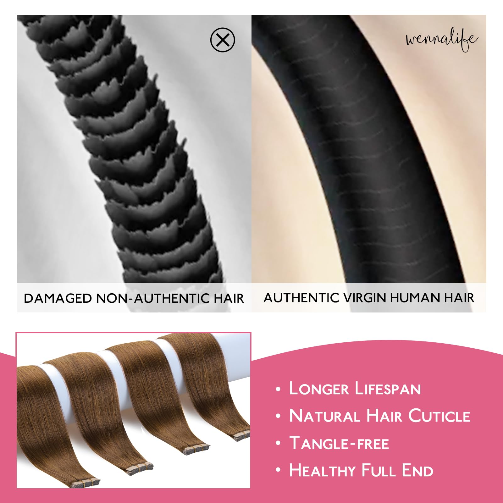 Wennalife Tape In Hair Extensions Human Hair Light Auburn Brown Tape In Extensions, 10Pcs 25G 16 Inch Remy Invisible Tape Ins St