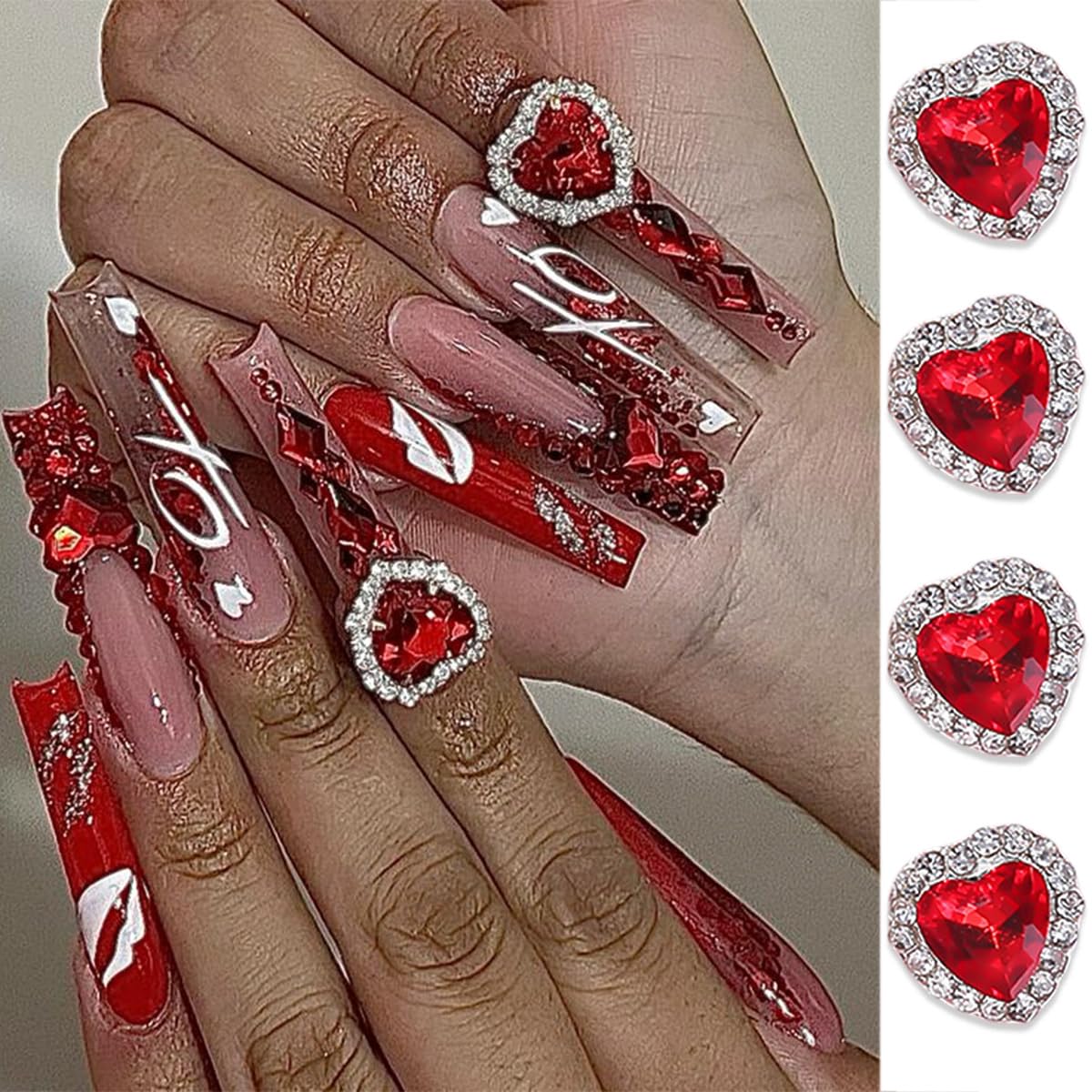 Valentines Nail Charms For Crown Nails Art Gold Silver Heart Nail Rhinestones Romantic Red Glitter Heart Nail Art Charms 3D Allo