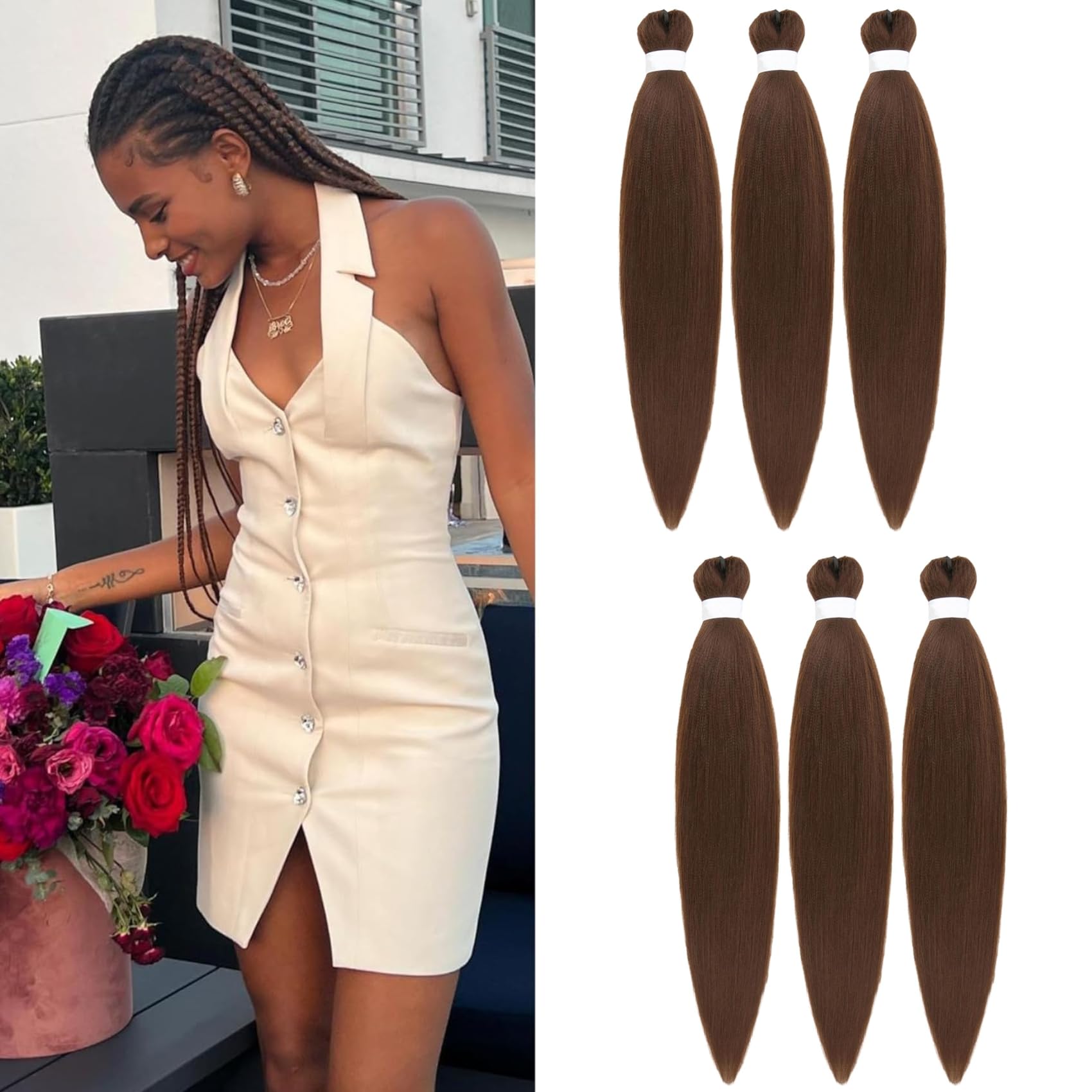 Chestnut Brown Braiding Hair Pre stretched Kanekalon Braiding Hair Extensions Feed in Braids 26 inch 6 Packs