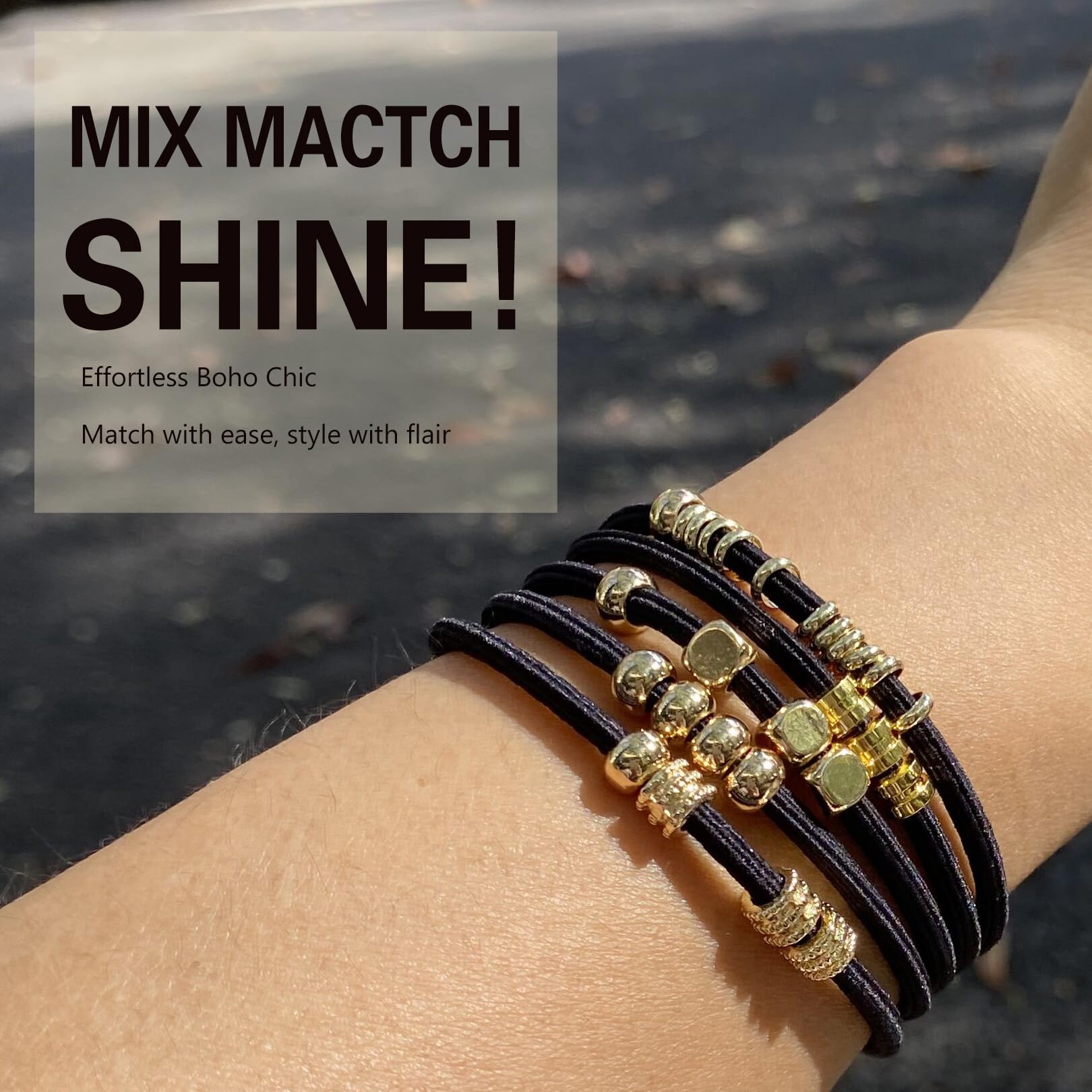 Black Boho Hair Ties Bracelets for Women, Cute Elastic Pony Tails Hair Ties No Damage Beaded Hair Accessories for Girls Decorati