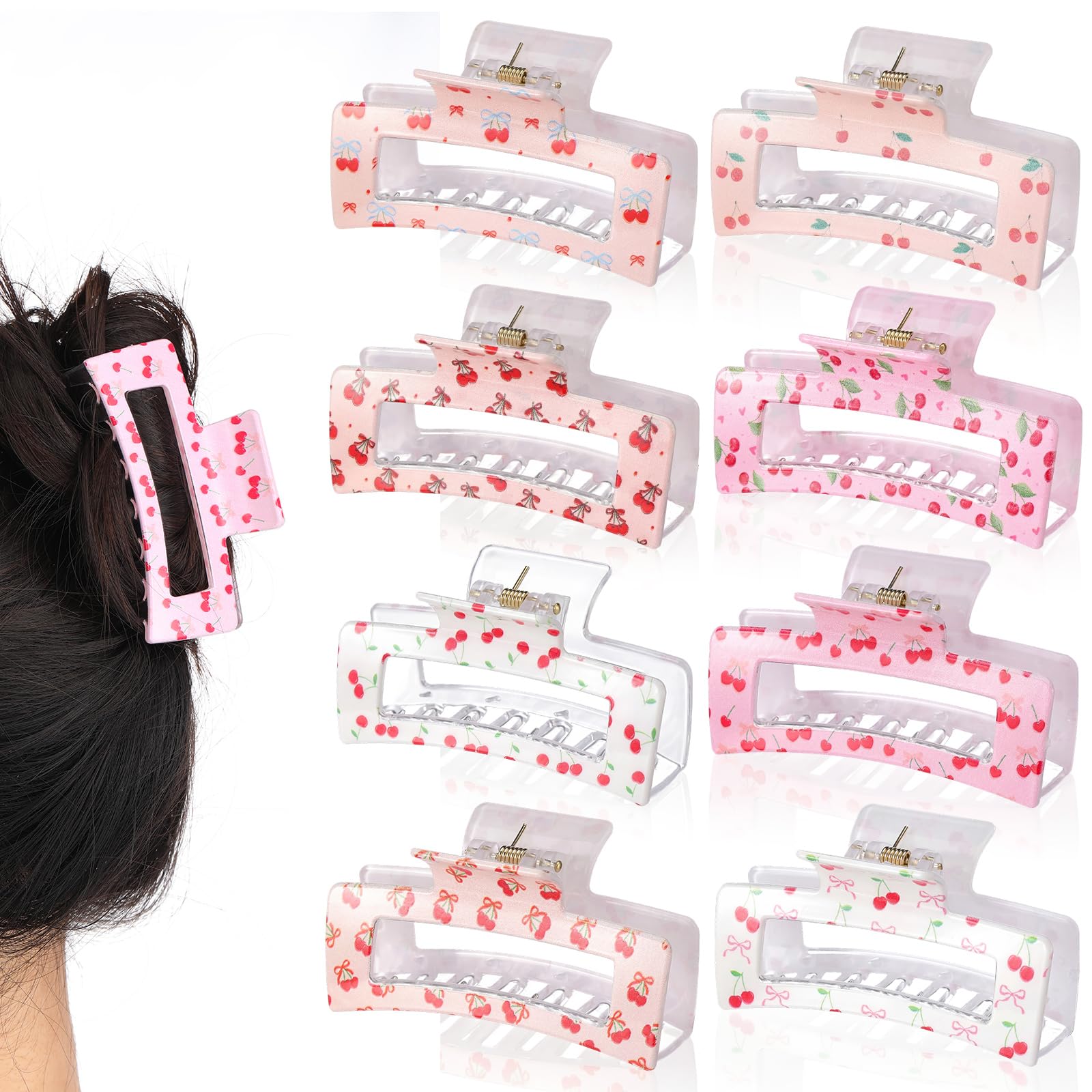 Yuxung 8 Pcs Bow Cherry Hair Claw Clips for Women Cute Pink Bow Preppy Trendy Rectangle Banana Hair Clips Nonslip Thin Thick Lon