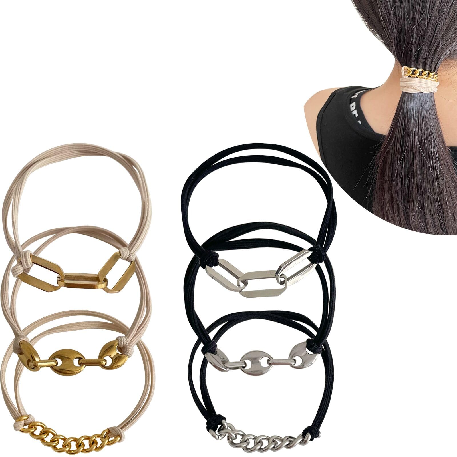 UDeBe Fashion Hair Ties Bracelets with Metal Chain, Thin Hair Tie Korean Like Cute Bracelets on your Wrist Boho Hair Ties for Wo