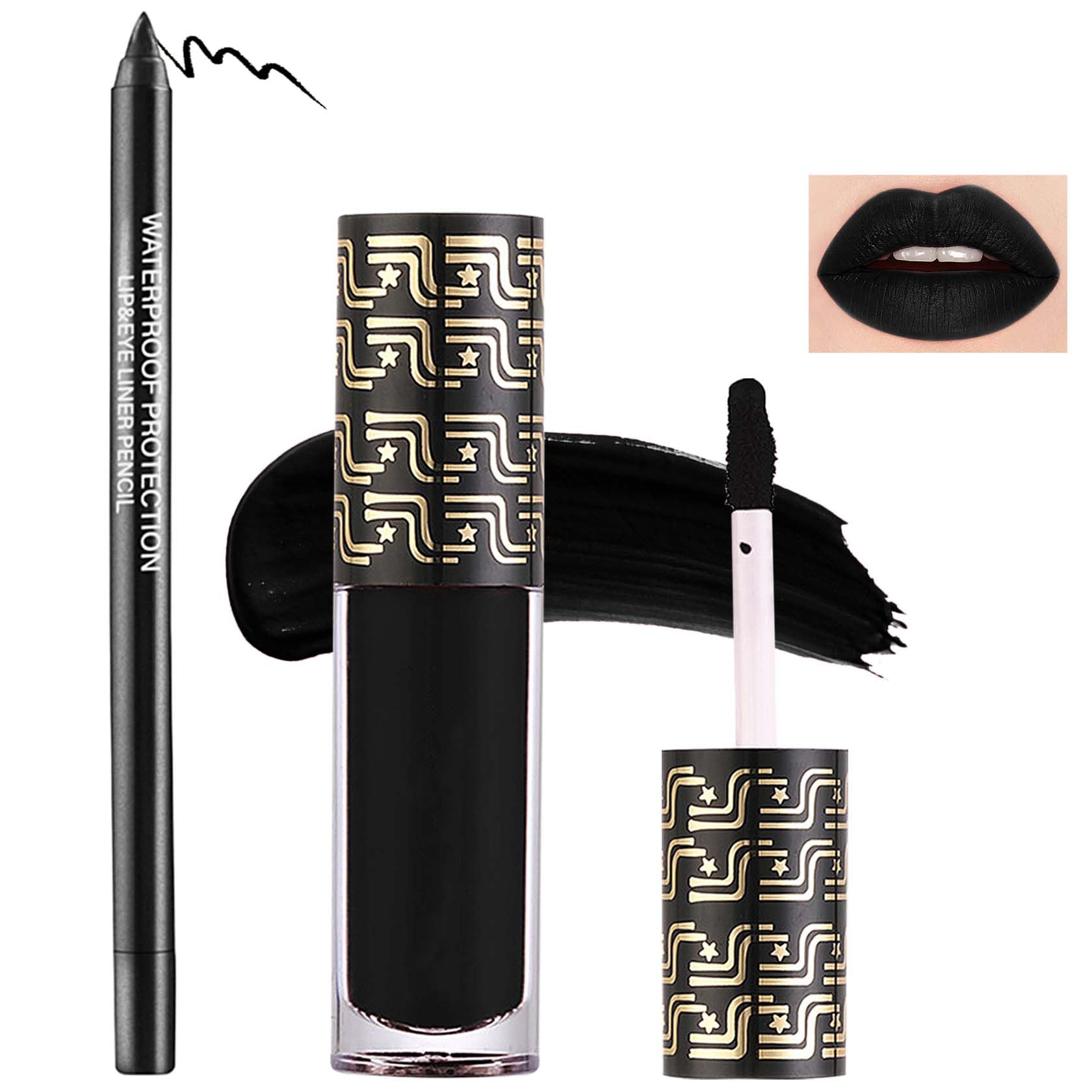 LZYLLS 2 Pcs Lip Liner and Lipstick Set,Pigmented Velvet Lipgloss Kit Black Matte Lipstick Lip Liner Set,Waterproof Black Lip Gl