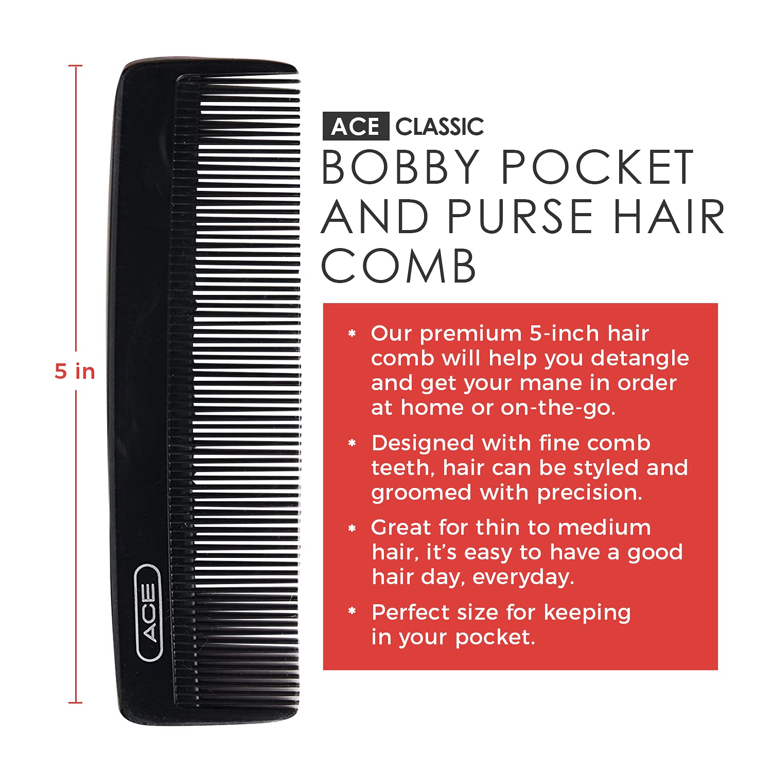 Goody Ace Classic Bobby Pocket And Purse Hair Comb - 5 Inch, Black - Great For All Hair Types - Fine Comb Teeth For Thin To Medi