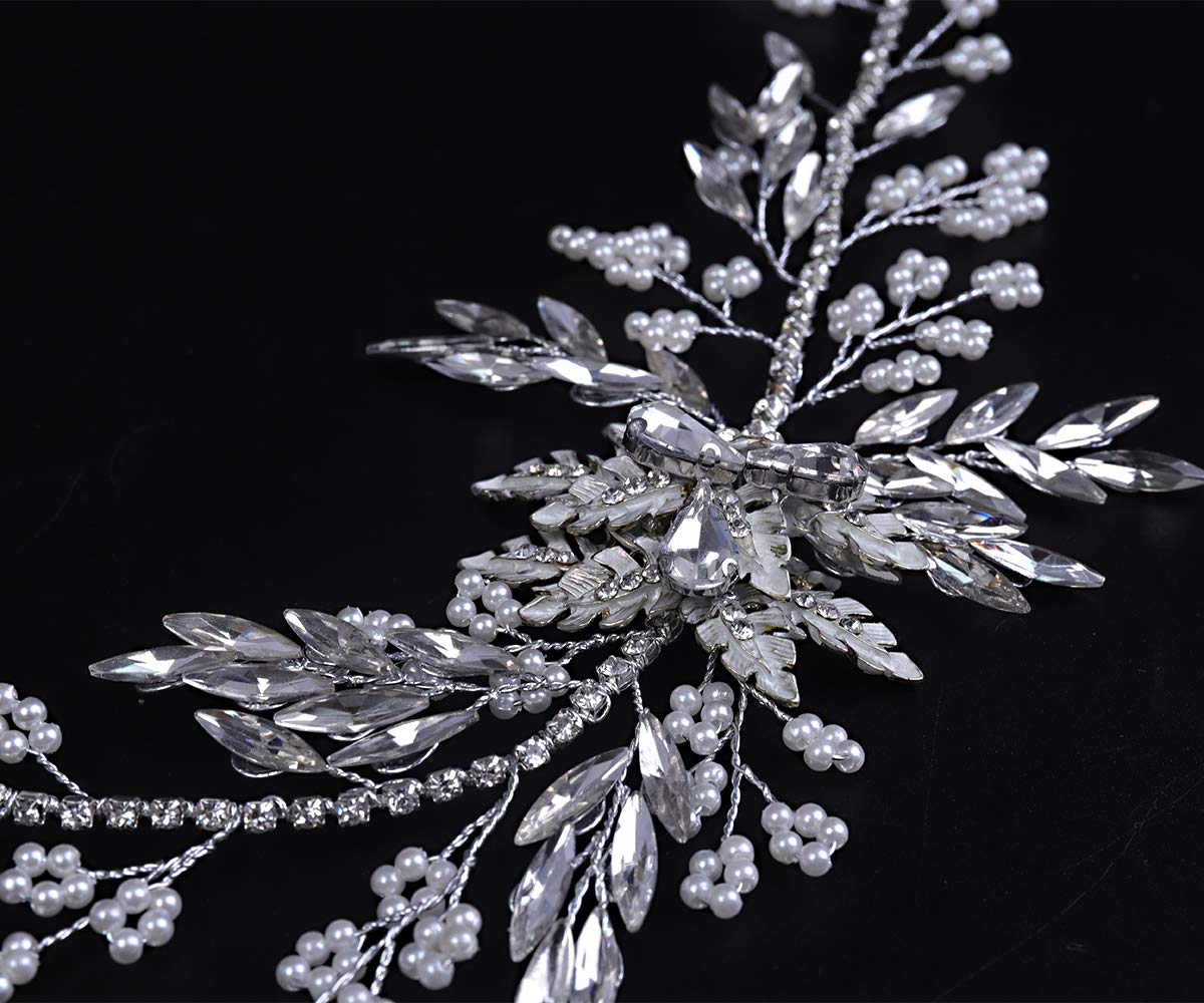 YERTTER Bride Handmade Hair Vine Silver Wedding Headband Leaf Crystal Rhinstone Hair Vines Bridal Headpieces Pearl Headband Hair