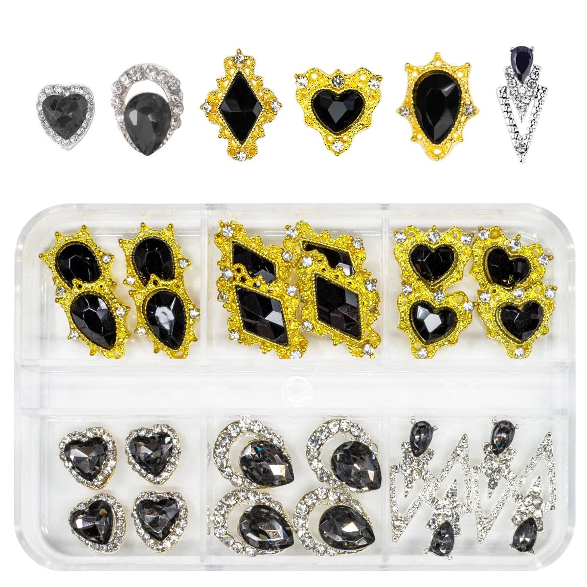 24pcs Black Nail Rhinestones Luxury Nail Charms Jet Black Heart Charms for Nails 3D Big Nail Gems K9 Glass Crystals Diamonds Jew