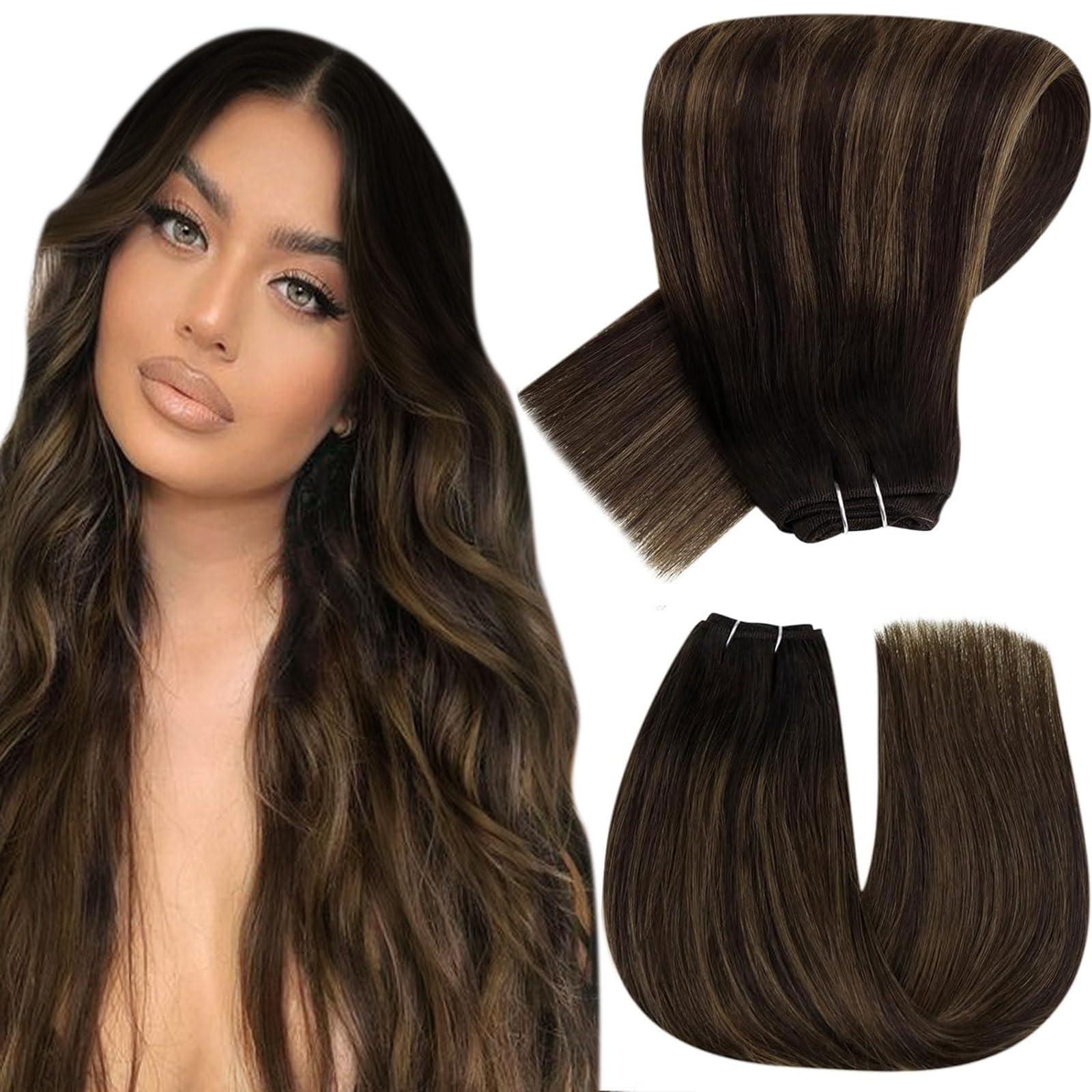 Hetto Ombre Sew in Hair Extensions Human Hair Weft Extensions 14 Inch 80g 2/8/2 Darkest Brown with Light Brown Weft Hair Extensi