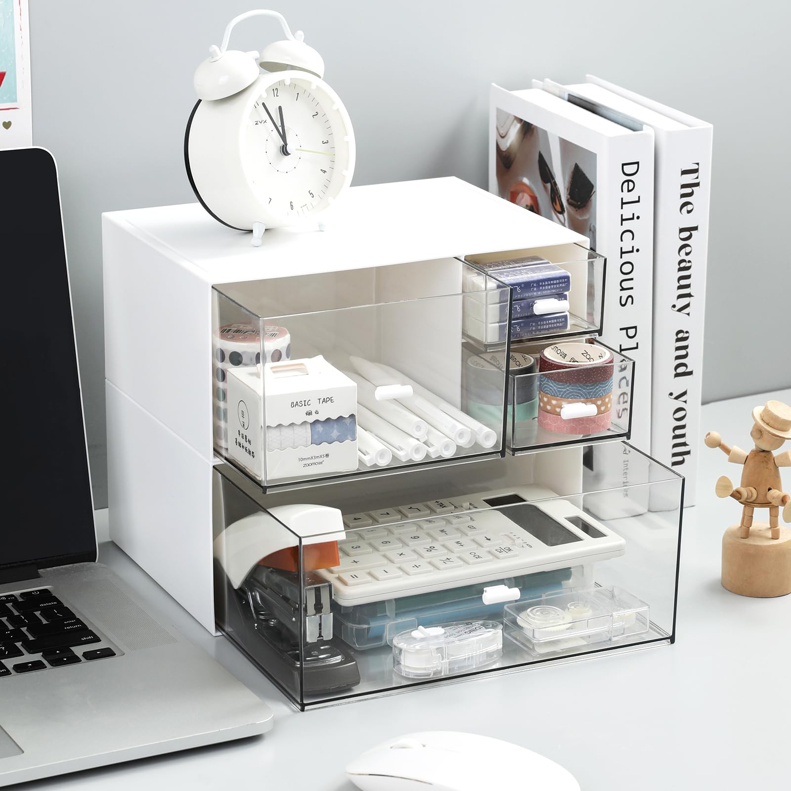 MILULUGO Desk Organizer - 4 Drawer Makeup & Cosmetics Storage Box, Plastic, White, Model G2G56/77