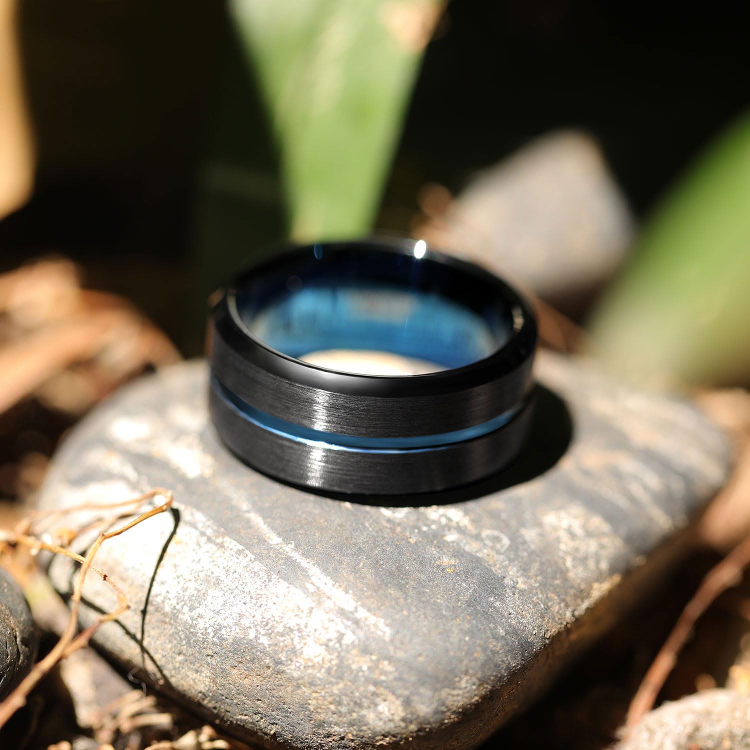 Greenpod 10MM Black Tungsten Ring for Men Thin Blue Line Groove Beveled Edge Wedding Band Comfort Fit Size 9.5