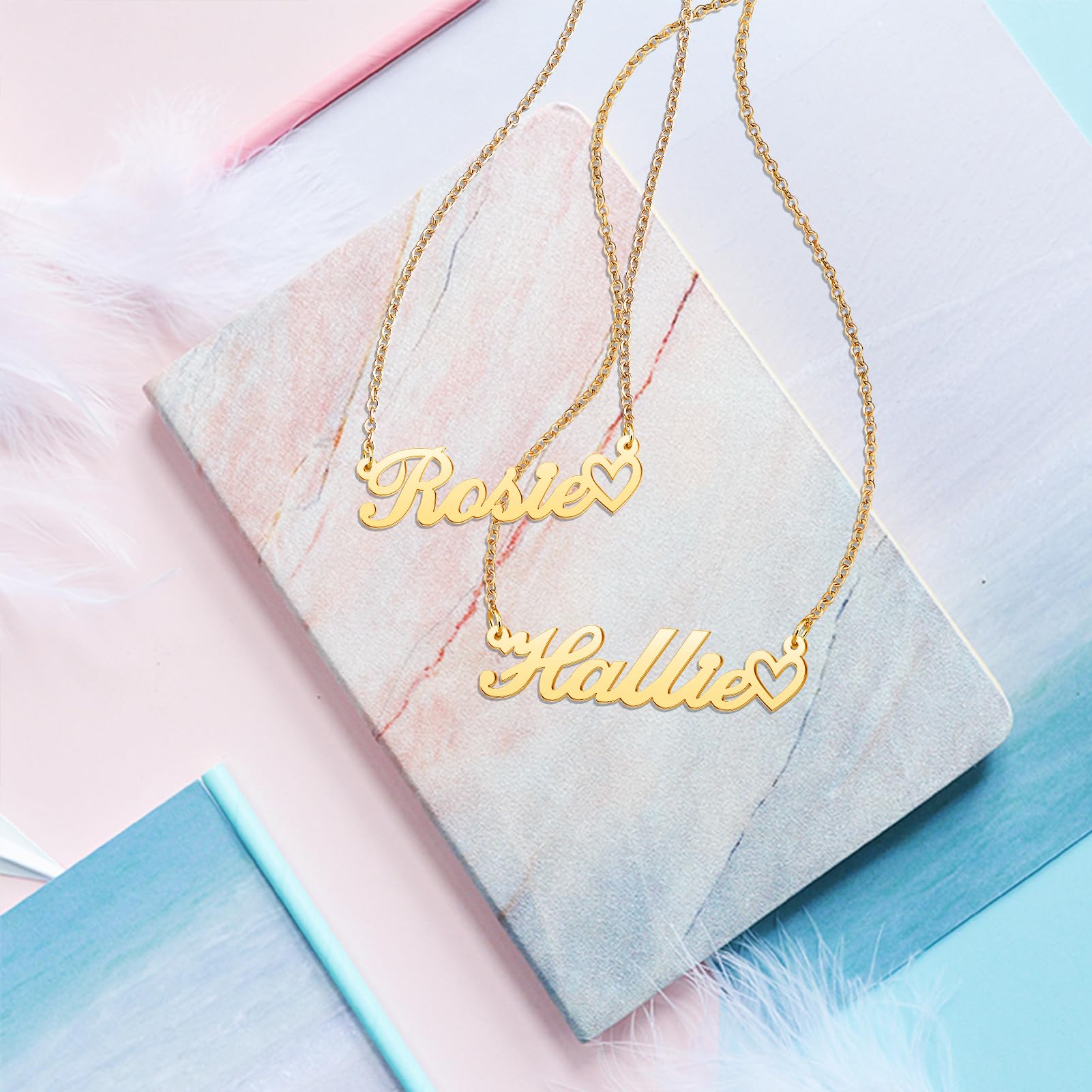 CoolJewelry Personalized Custom Name Necklace for Women Name Necklaces with Heart 18K Gold Plated or Sterling Silver Nameplate C