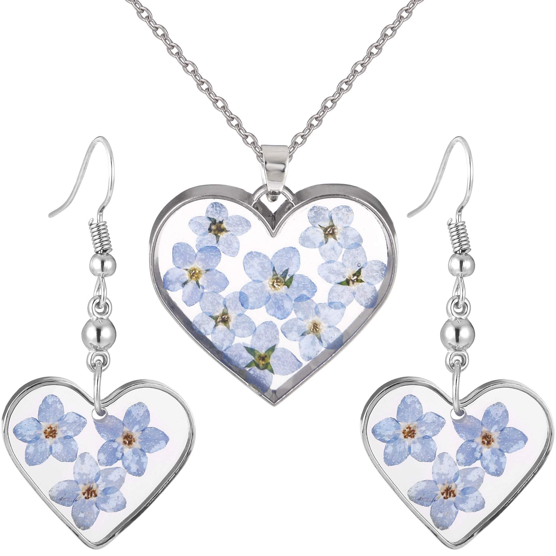 FM FM42 Dried Pressed Blue Forget-me-not Flowers Love Heart Dangle Earrings & Pendant Necklace Jewelry Set