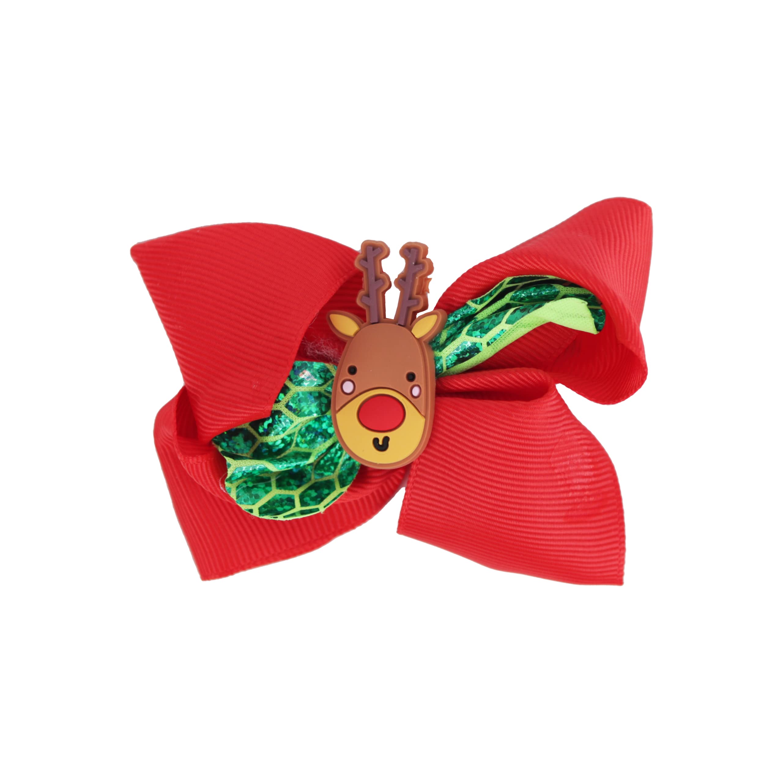 Hair Bow Printed Christmas Bow with Silicone Charm - Green Layer Reindeer