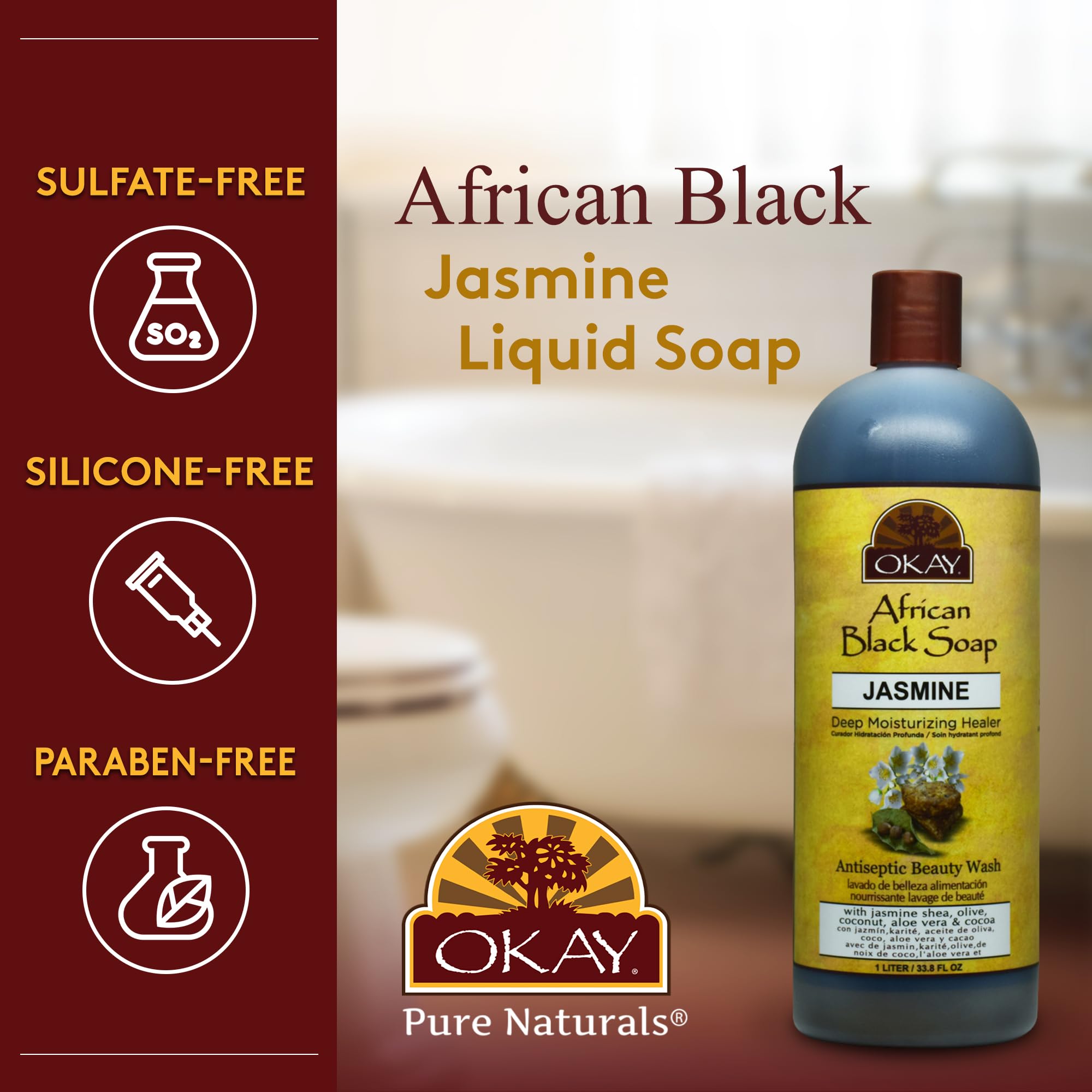 OKAY African Black Soap Liquid with Jasmine For Cleansing&Treating Skin Conditions Helps Achieve Beautiful,Healthier Looking Ski