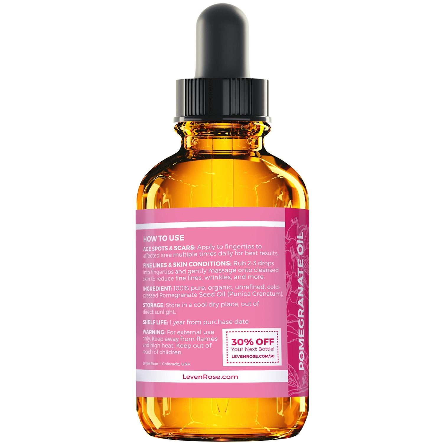 Leven Rose Pomegranate Seed Oil, 100% Pure Unrefined Cold Pressed Antioxidant Moisturizer For Hair Skin And Nails 1 Oz