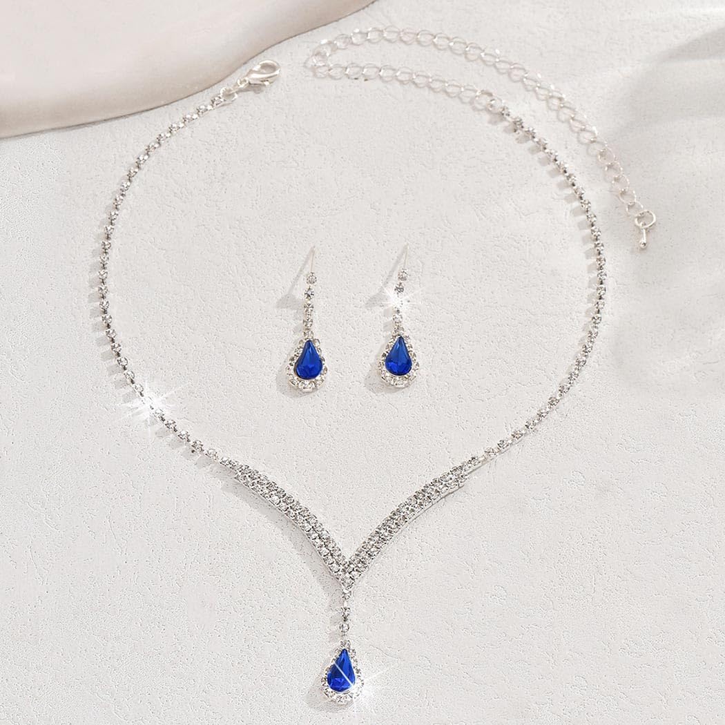 Unicra Bridal Wedding Jewelry Set Silver Rhinestone Necklace Earrings Sets Formal Costume Jewelry for Women and Brides (A-Blue)