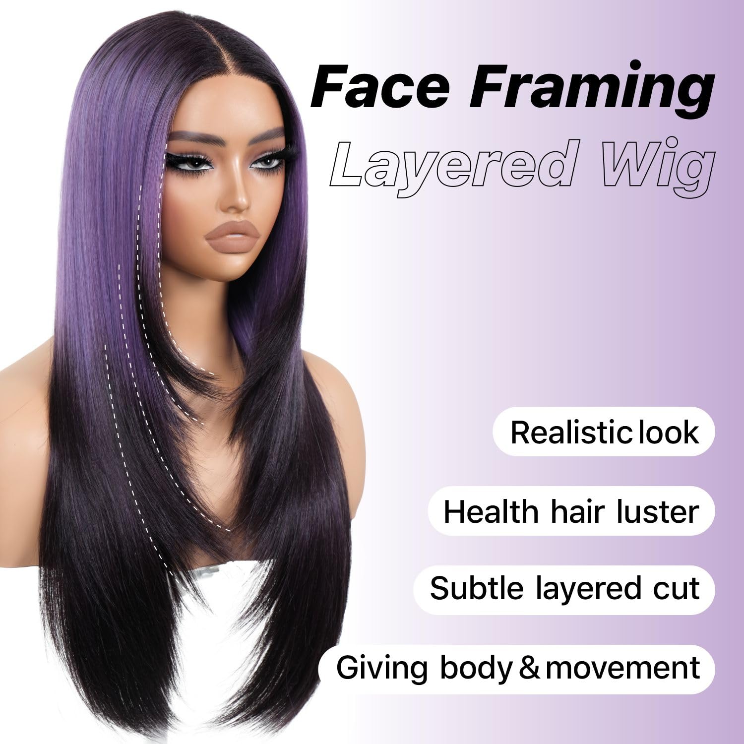 Brownbomb Ombre Purple Black Wear and Go Glueless Wigs Pre Plucked Pre Cut for Beginners Synthetic Lace Front Wigs With Bangs Lo