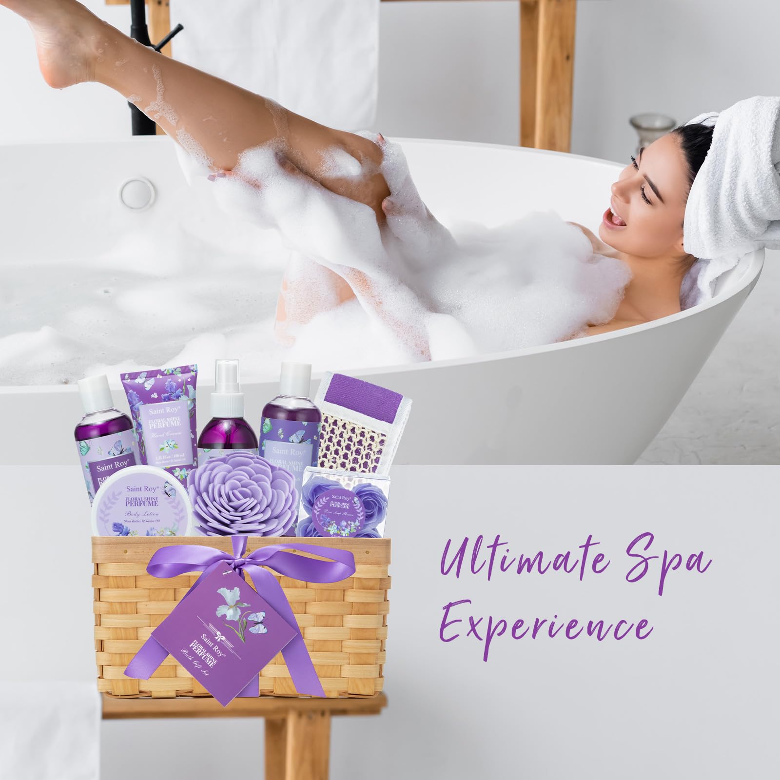 Gift Basket For Women, Luxury 11Pcs Floral Perfume Scents Bath And Body Home Spa Gift Kit With Bubble Bath, Body Lotion, Relaxin
