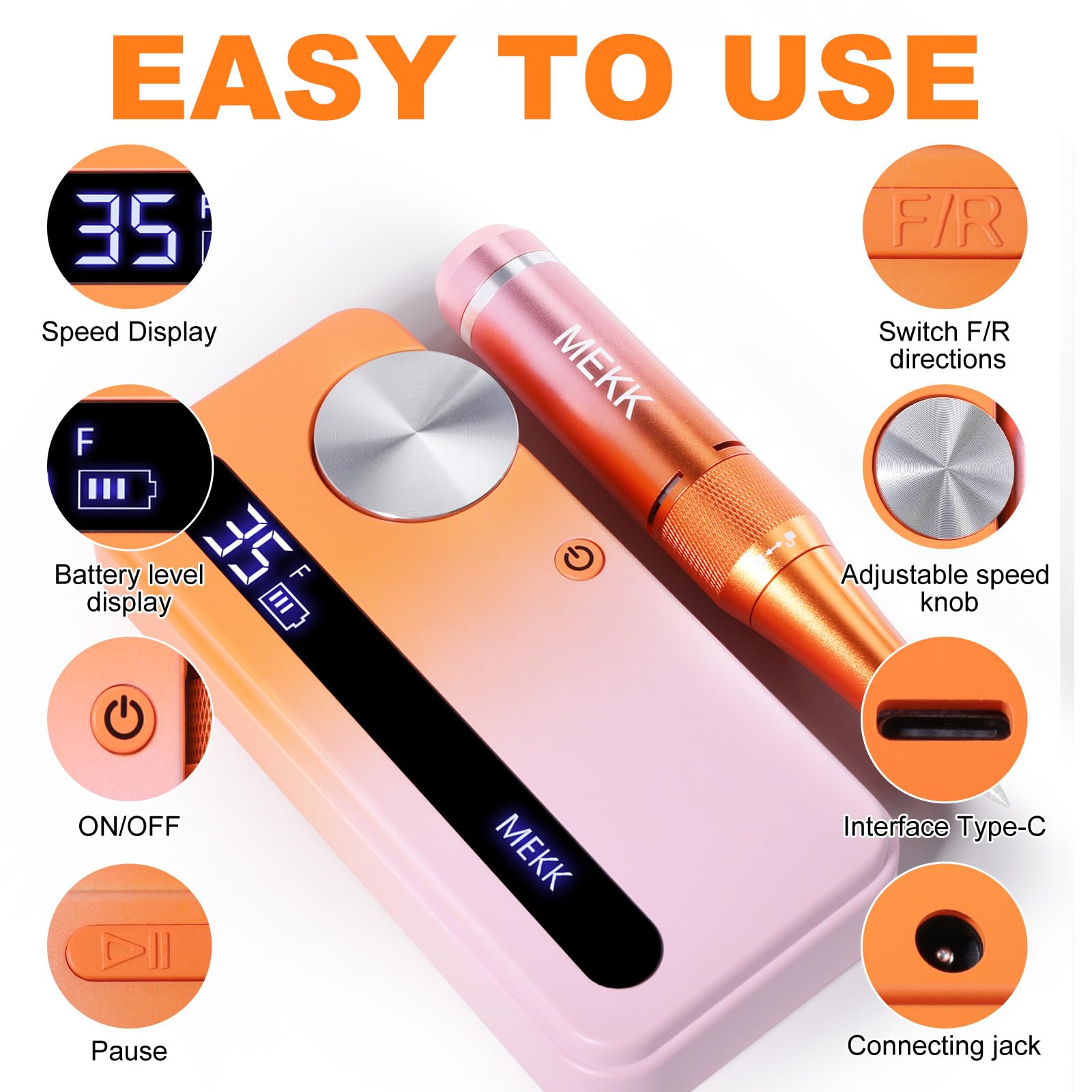 Mekk Cordless Nail Drill Professional E Filer For Nails,Electric Nail File,35000Rpm Rechargeable Nail Drill Anti-Shaking Nail Dr