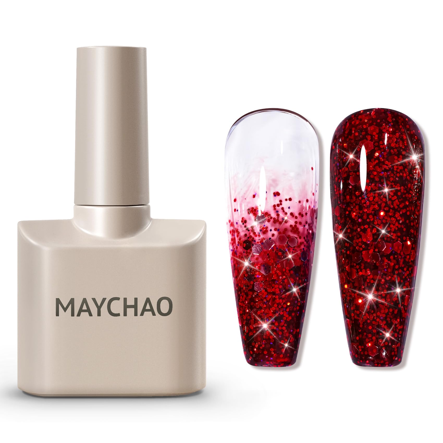 MAYCHAO Glitter Gel Nail Polish, 15ML Fiery Red Glitter Gel Nail Polish, Soak Off UV LED Nail Gel Polish Nail Art Starter Manicu