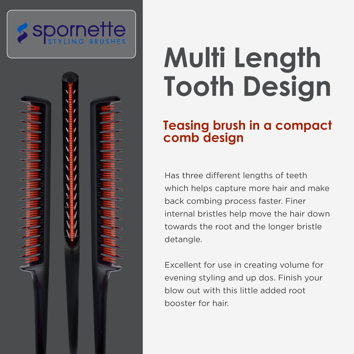 Spornette Little Wonder Teasing Comb (TC-1) - Triple Teasing Comb With A Three Row Comb And Rat Tail Handle For Parting Hair - A