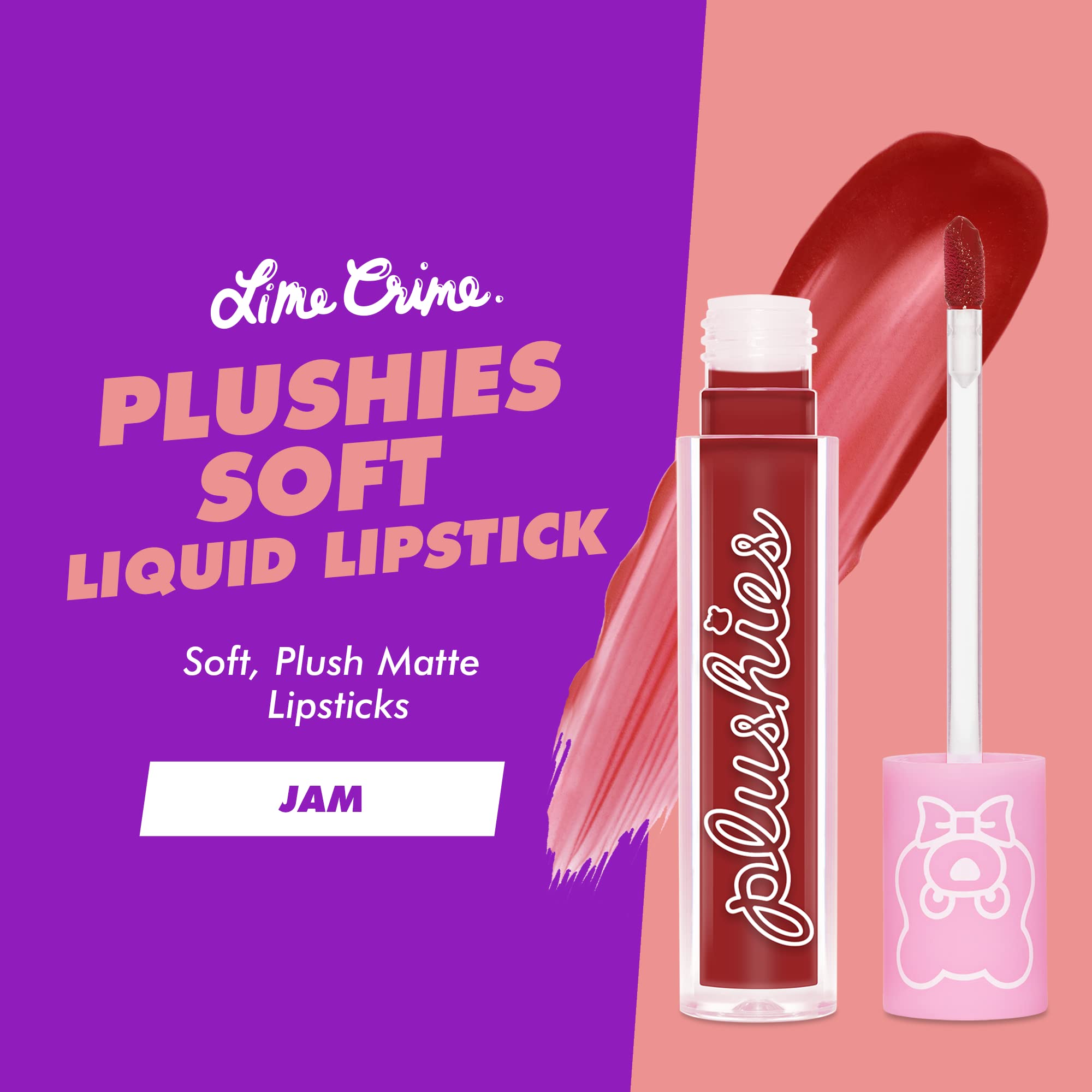 Lime Crime Plushies Soft Matte Lipstick - Jam (Deep Red) - Talc-Free, Paraben-Free, 1 Count - Blackberry Candy Scent, Long Lasting Comfort
