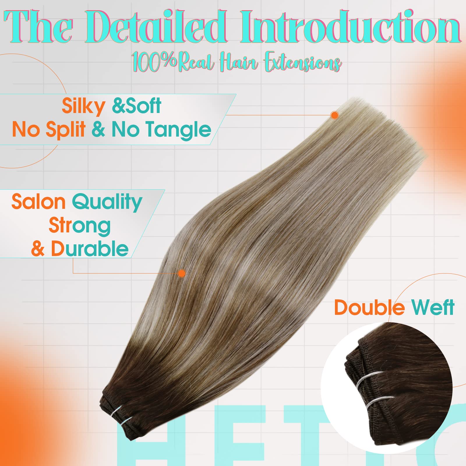 Hetto Balayage Weft Hair Extensions Human Hair #3/8/22 Brown to Medium Brown Mixed Light Blonde Weft Human Hair Extensions 20 In