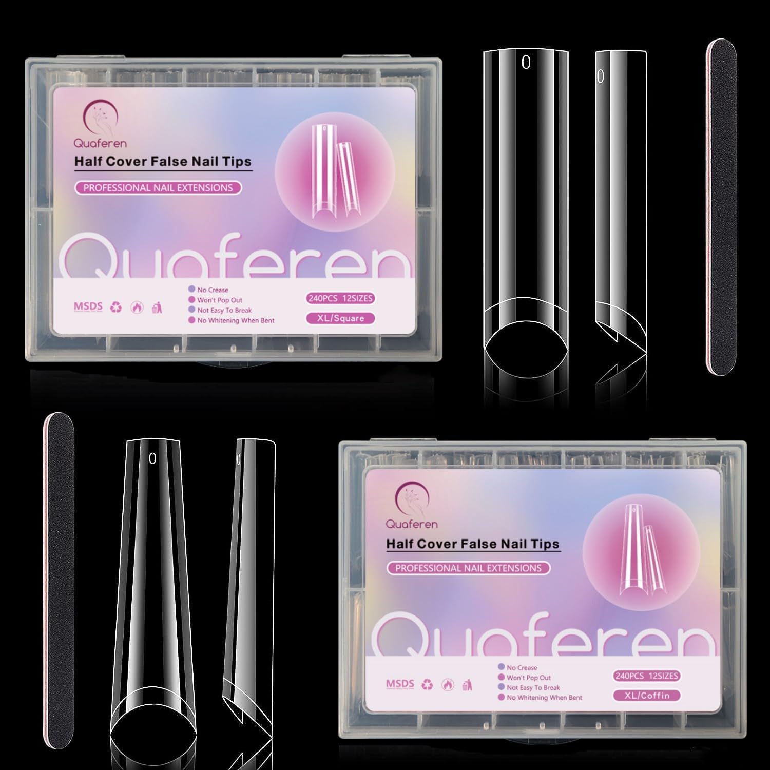 480Pcs Clear Nail Tips for Acrylic Nails Professional, 2XL Long C Curve Square & Coffin Nail Tips Set with 2 Nail Files, Half Co