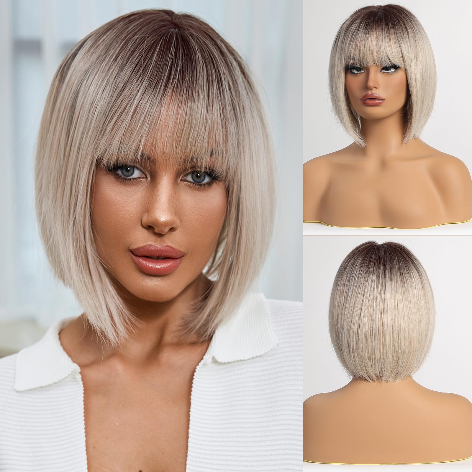 EMMOR Omber Blonde Bob Wig with Bangs 12'' Short Bob Wigs for Women Short Blonde Wig with Dark Roots Heat Resistant Synthetic Wi