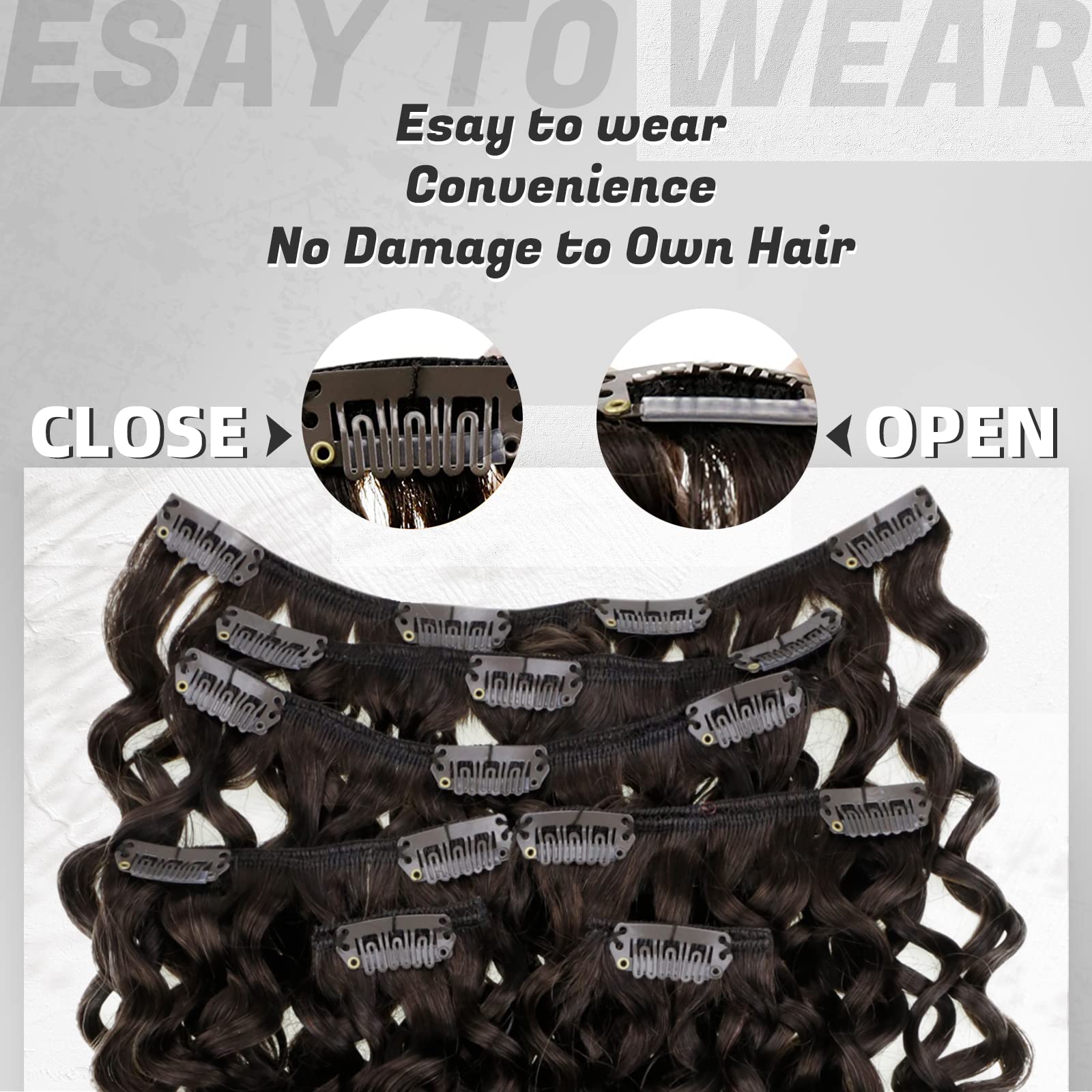 Hetto Wavy Clip in Hair Extensions Human Hair #2 Darkest Brown Clip in Extensions Natural Wave Hair 105+20 Grams 7 Pieces Full H