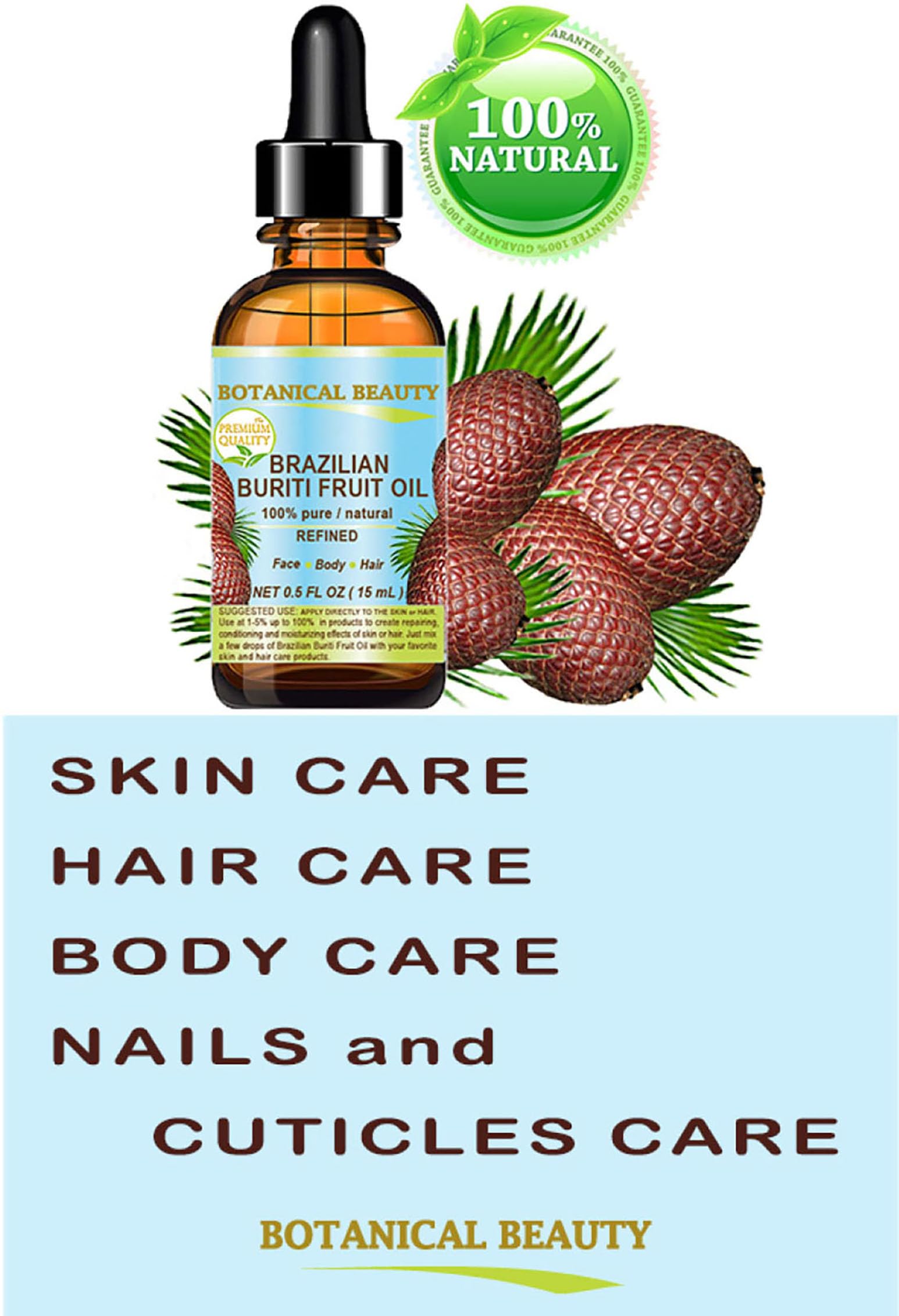 Brazilian Buriti Fruit Oil Pure Natural Virgin Refined Cold Pressed Carrier Oil Undiluted 0.5 Fl.Oz- 15 Ml For Face, Body, Hair,