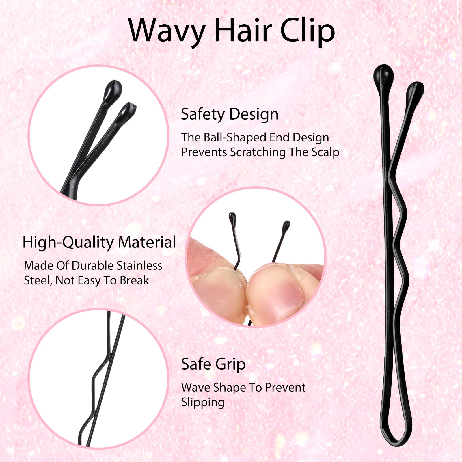 GEEHUA Mini Bobby Pins, 150 Count Curved Hair Pins Kit, Black Waved Hair Clips for Women & Girls, Wedding & All Hairstyles