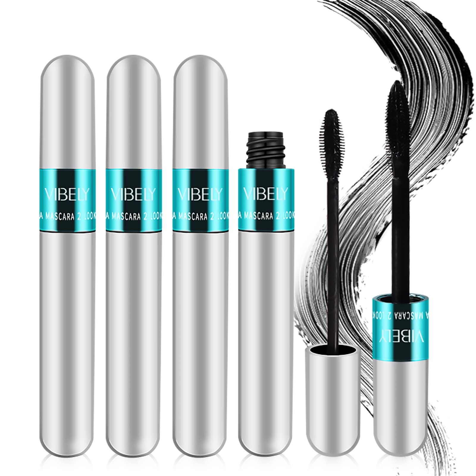 4 Pack VIBELY Mascara 5x Longer Washable, 2 in 1 4D Silk Fiber Lash Mascara, No Clumping, Long-lasting Black Mascara
