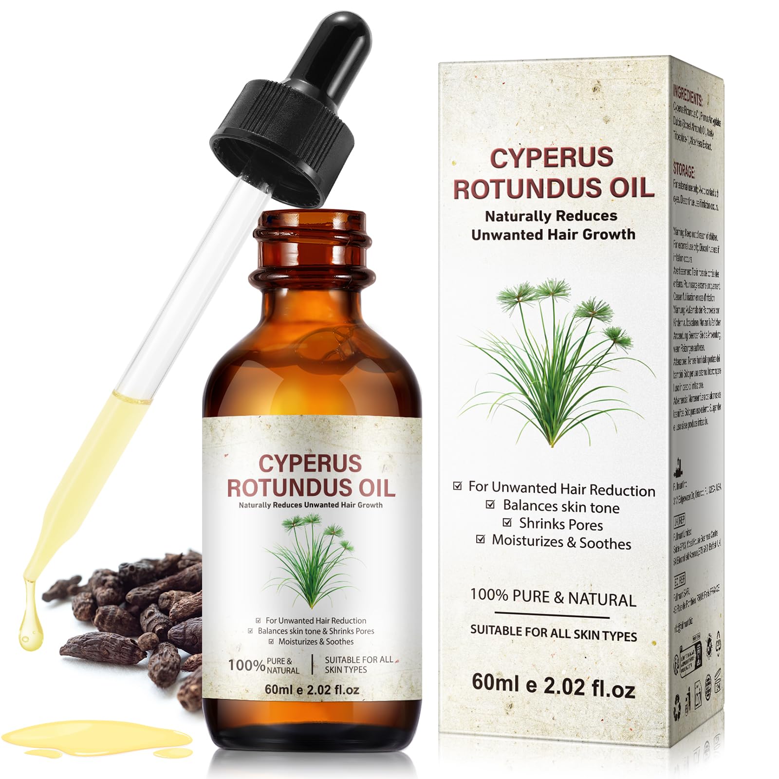 Cyperus Rotundus Oil Hair Removal, Natural for Reducing Body Hair Growth, Shrink Pores, Moisturizes & Soothes The Skin  60ml