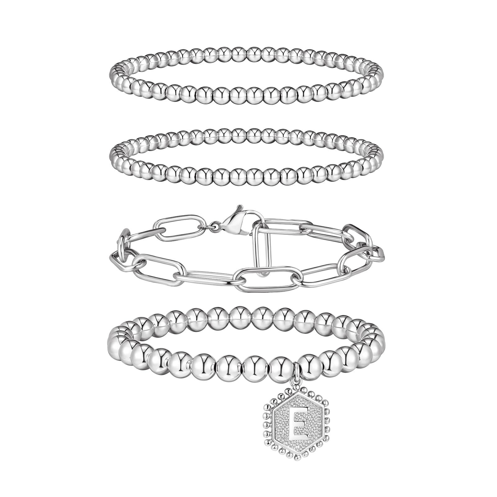 doubgood Silver Beaded Bracelets for Women, Stackable Silver Bracelets for Women Stretch Silver Bead Ball Bracelet with Letter P