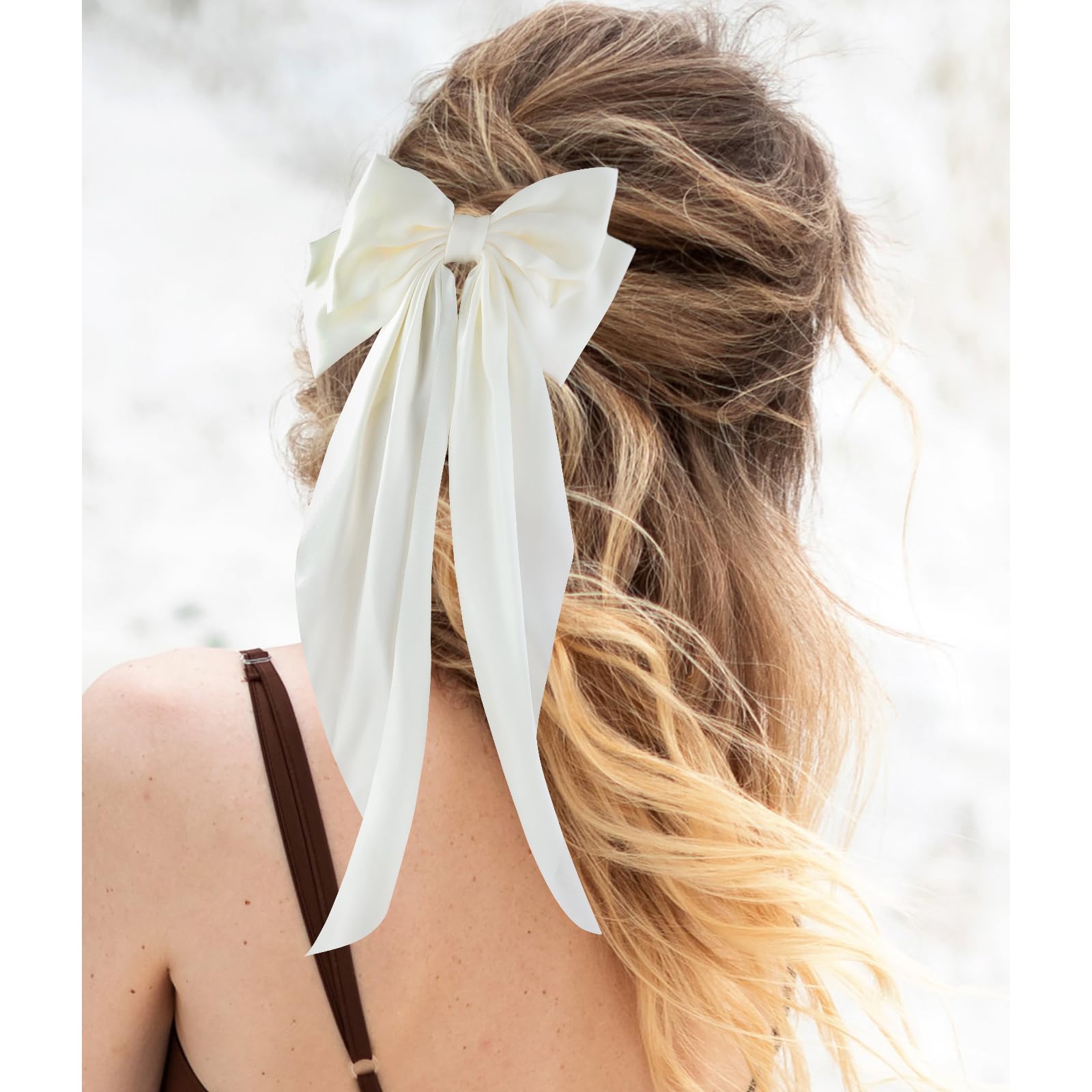Canitor Hair Bows For Women Silky Satin Hair Ribbon Hair Barrettes Clip Oversized Long Tail Black White Hair Bows Cute Aesthetic