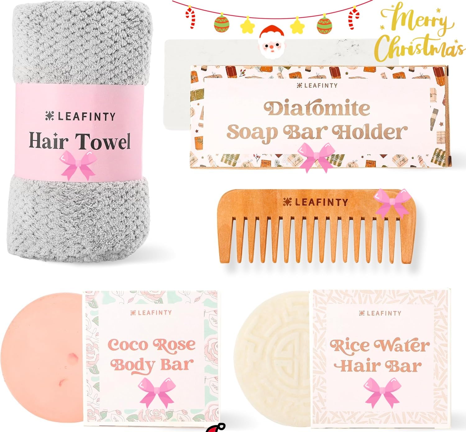 Bath Set For Women Christmas Beauty Spa Relaxation Kit: Includes Rice Shampoo Bar, Body Wash Bar, Soap Bar Holder, Wide-Tooth Ha