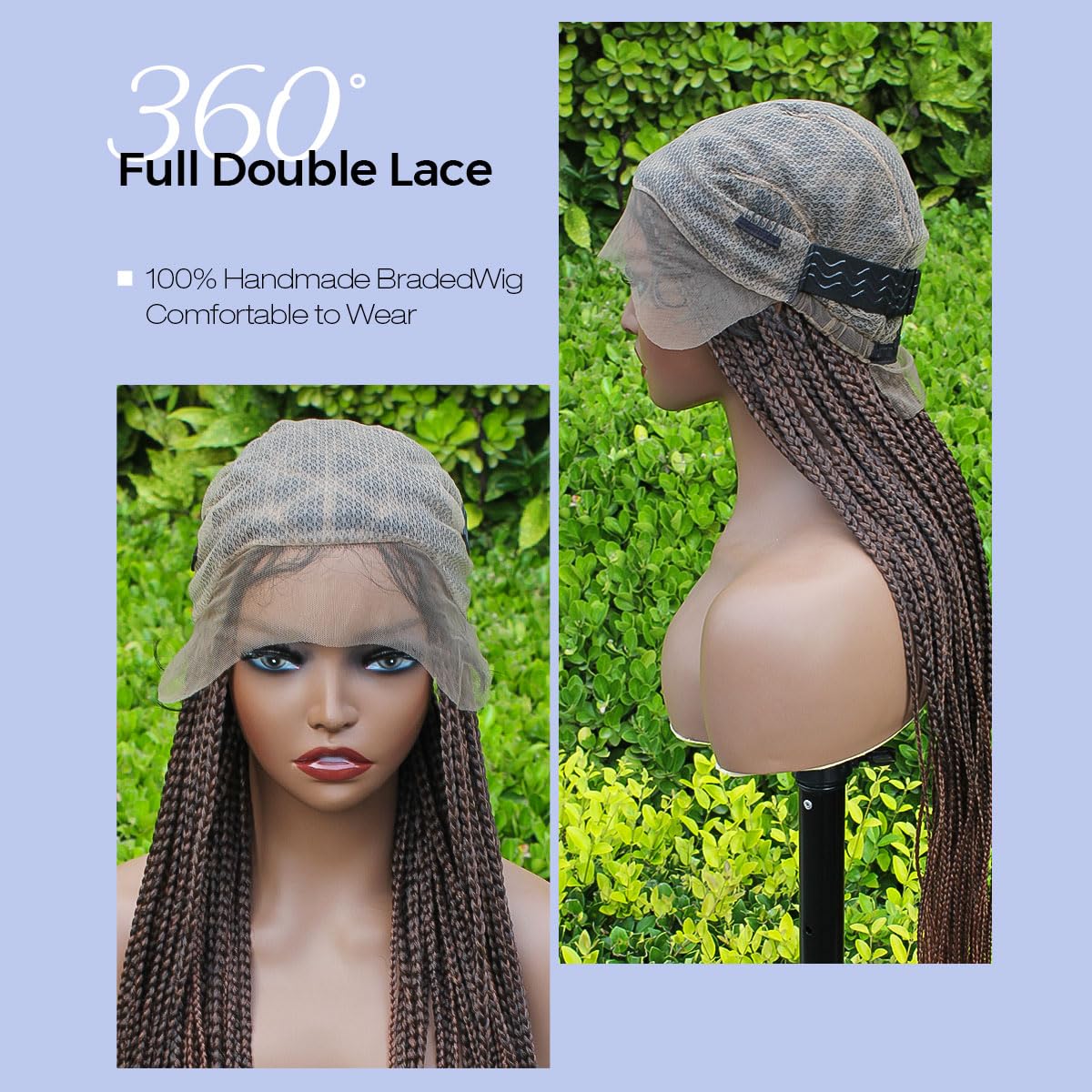 KRALER 36 inch Box Braided Wigs for Black Women, Ombre Auburn Knotless Triangle Based Small Box Braids Wig, Embroidery Full Doub