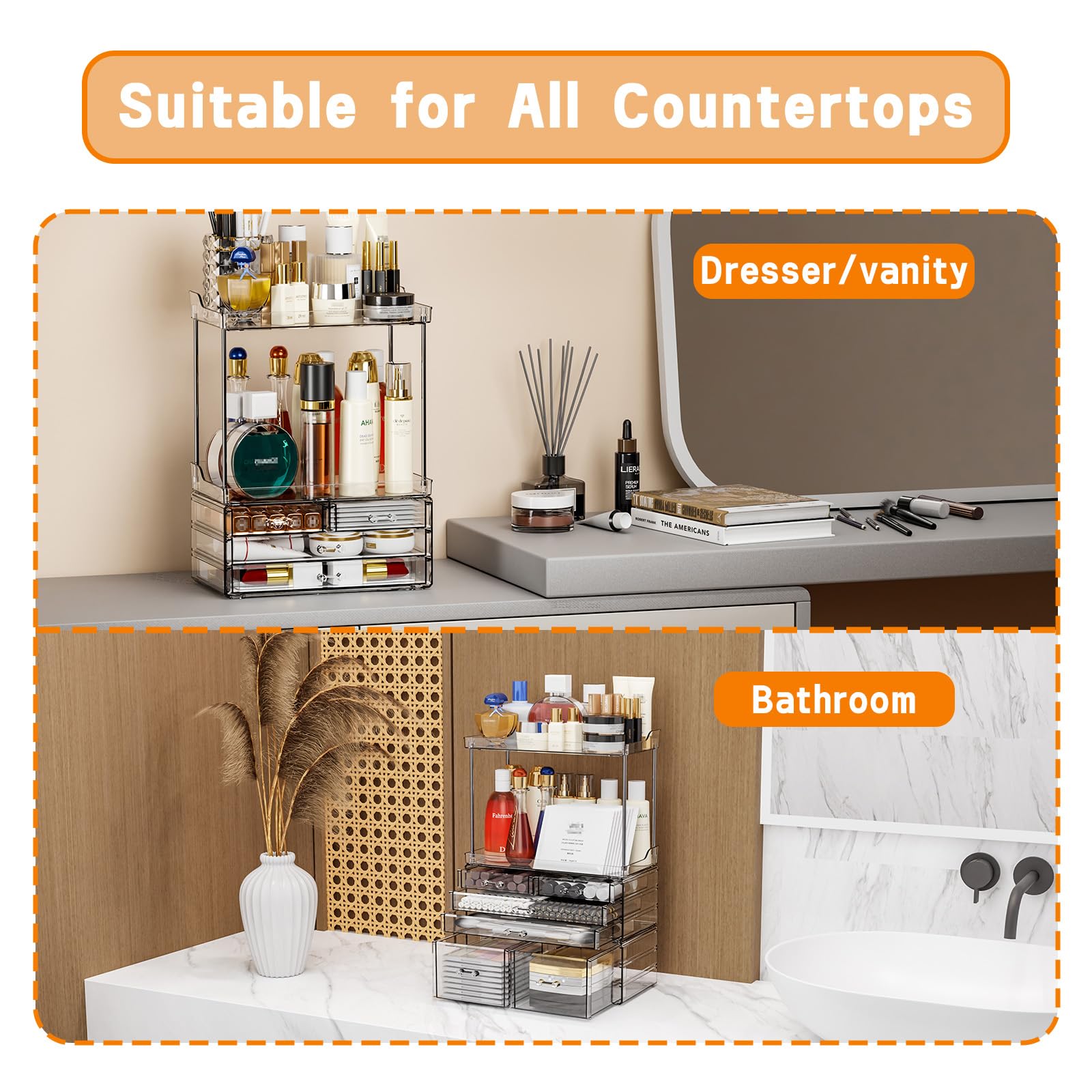 Yieach 3 Pack Clear Bathroom Counter Organizer With Drawers - Stackable Design,19.1'' Tall Large Capacity - Suitable As Makeup O