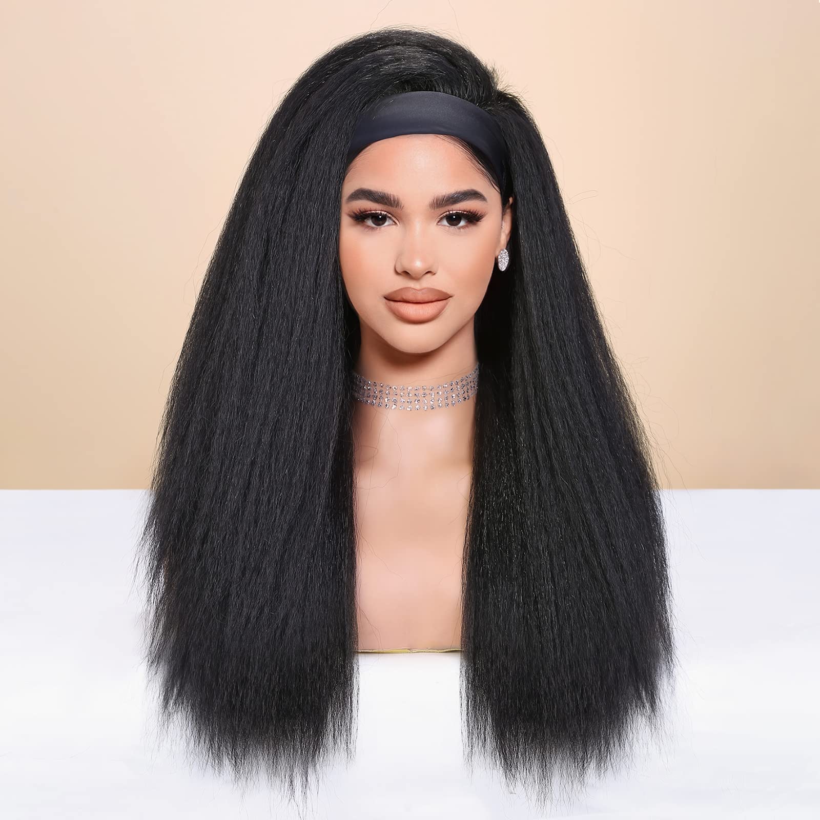 Wignee Kinky Straight Headband Wig For Women, 22 Inches, Yaki Straight Wigs With Black Headband, Synthetic Hair, Easy To Style,