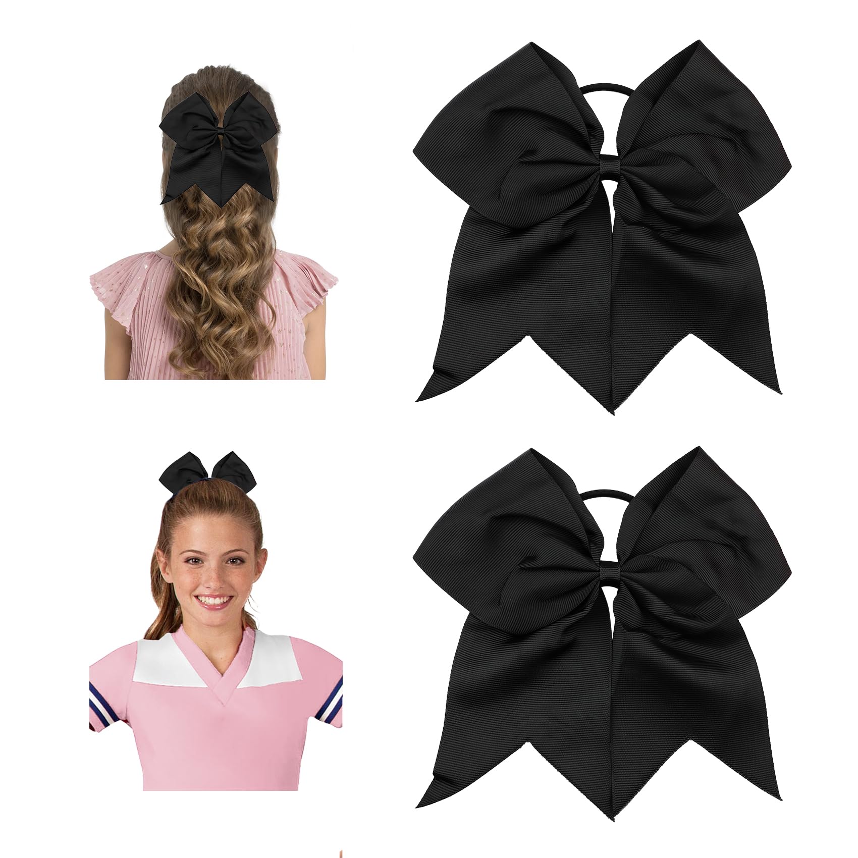 Large Black Hair Bows for Cheerleaders' Hair - Ponytail Holders with Elastic for Girls, Softball, College Sports, and Cheerleadi