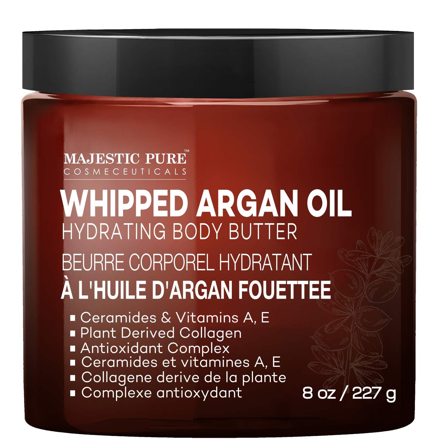 MAJESTIC PURE Whipped Argan Oil Body Butter for Women & Men - With Ceramides, Vitamin E & A & Vegan Collagen - For Skin, Face, &