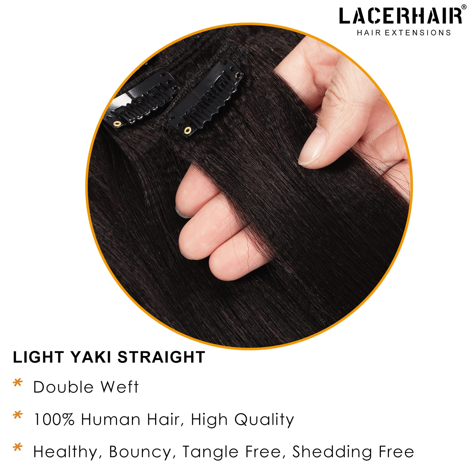 Lacer Light Yaki Clip In Hair Extensions, 16 Inch Remy Human Hair Natural Black Thick Yaki Straight Clip Ins For African America