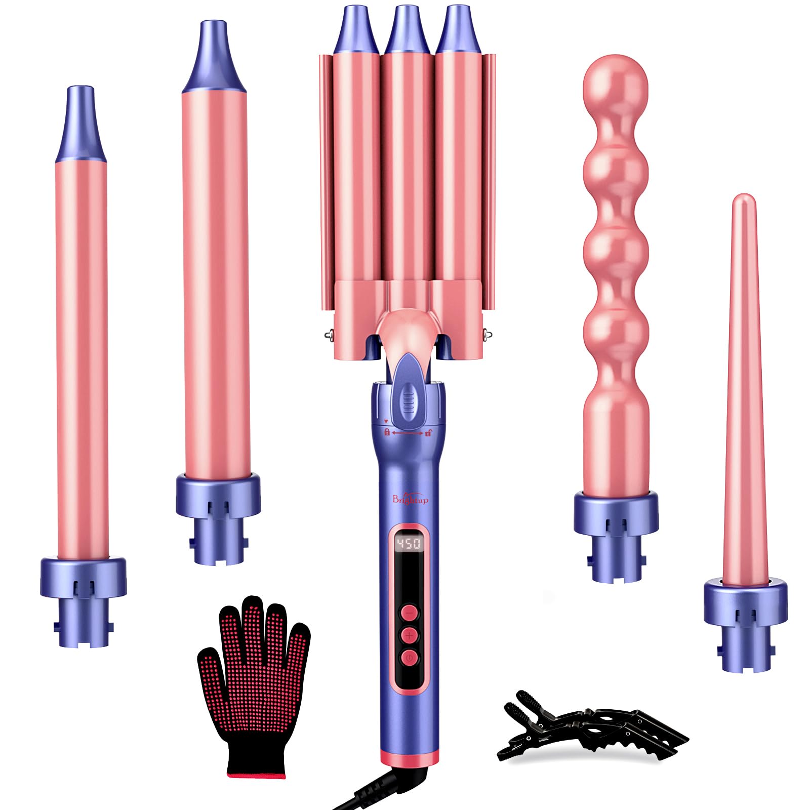 Brightup Curling Iron Wand Set, 5 in 1 Hair Curler with 3 Barrel Crimper, Fast Heat Up Curling Wand for All Hair Types with LCD 