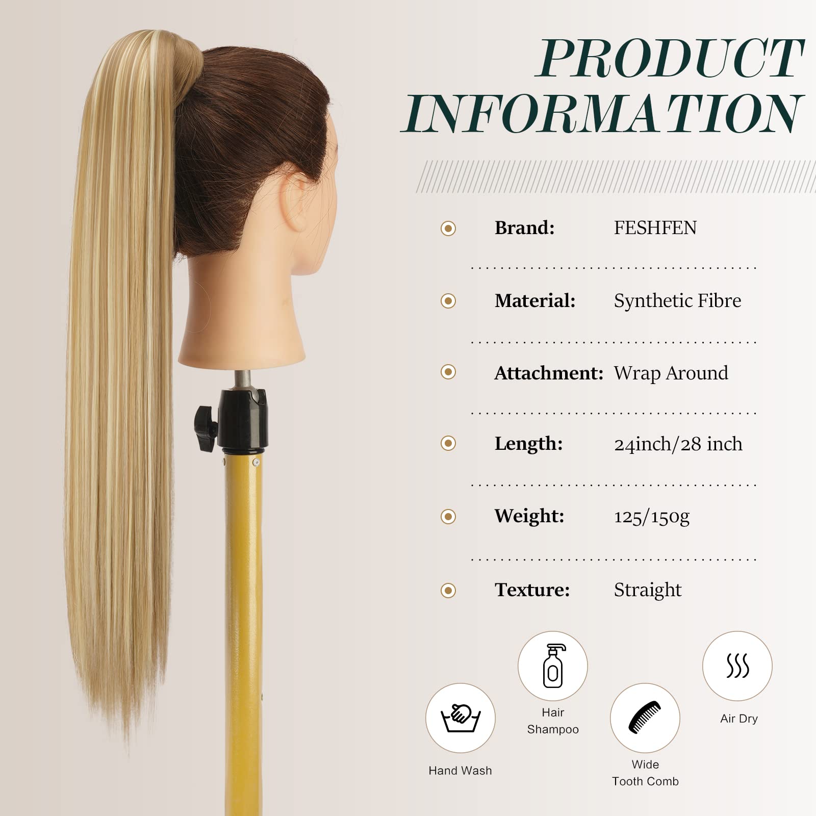 Feshfen Straight Long Ponytail Extensions 24 Inch Wrap Around Synthetic Blonde Ponytails Hair Piece Pony Tail Hair Extensions Ha