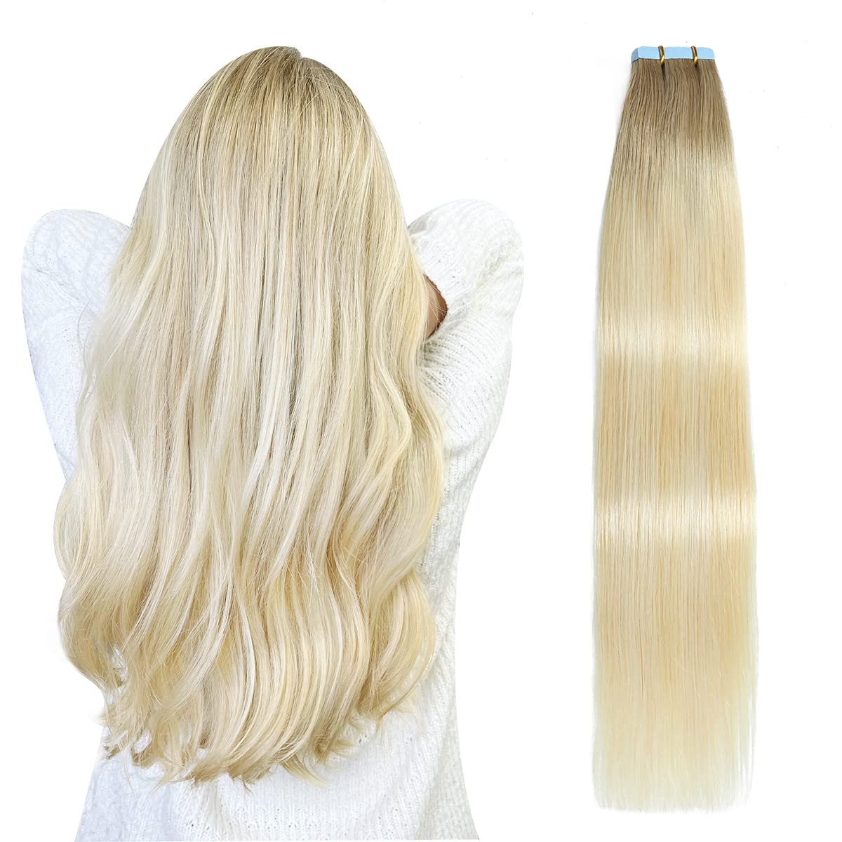 Suyya Tape In Hair Extensions Human Hair Balayage Ash Blonde To Medium Blonde And Platinum Blonde 20 Inch 50G/Pack 20Pcs Straigh