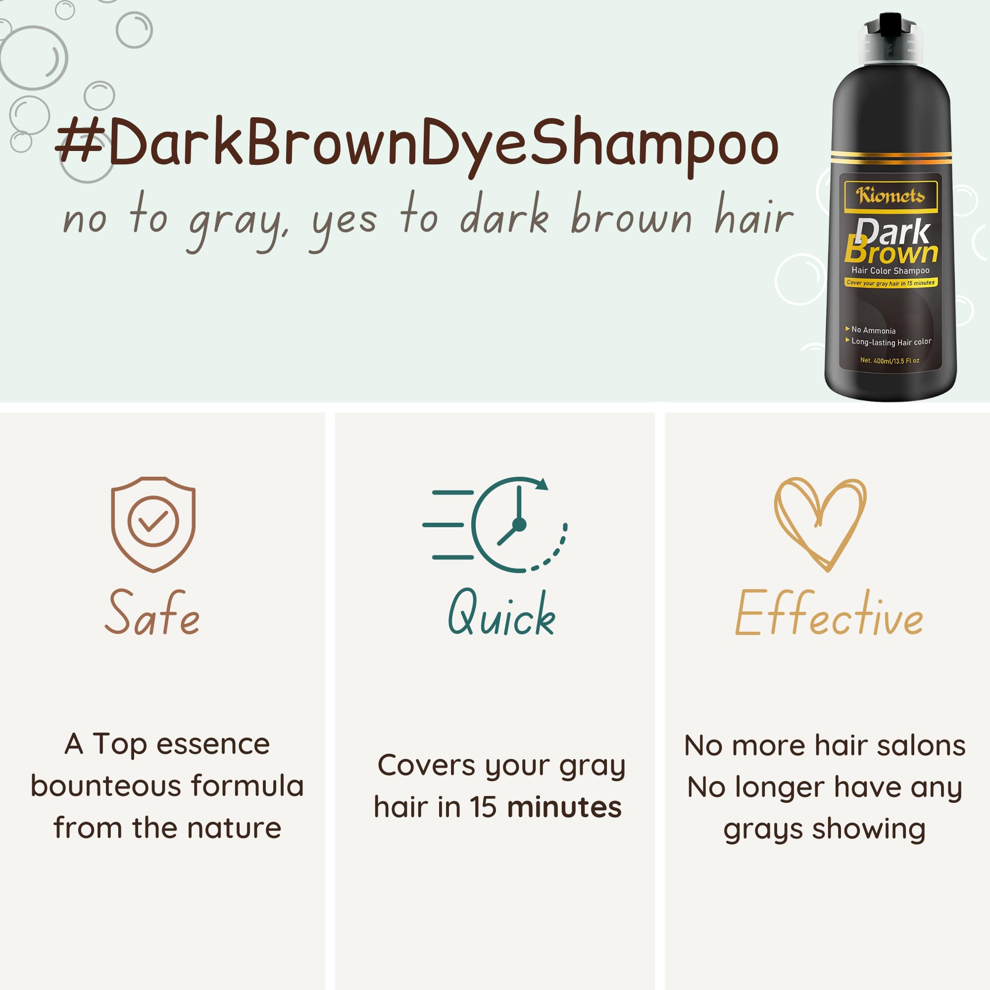 Kilomets Dark Brown Hair Dye Shampoo 400Ml- 100% Grey Coverage In Minutes - Ammonia Free Hair Color Shampoo Gray Silver Hair (Da