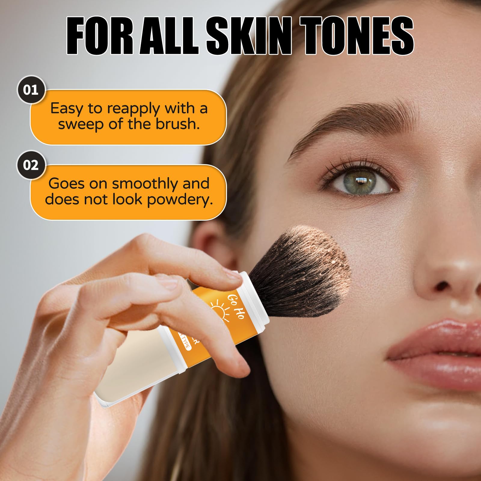 Go Ho Mineral Sunscreen Setting Powder Brush,Loose on Brush,Translucent,Hypoallergenic Cruelty Free SPF 50 Sunscreen Powder,Oil